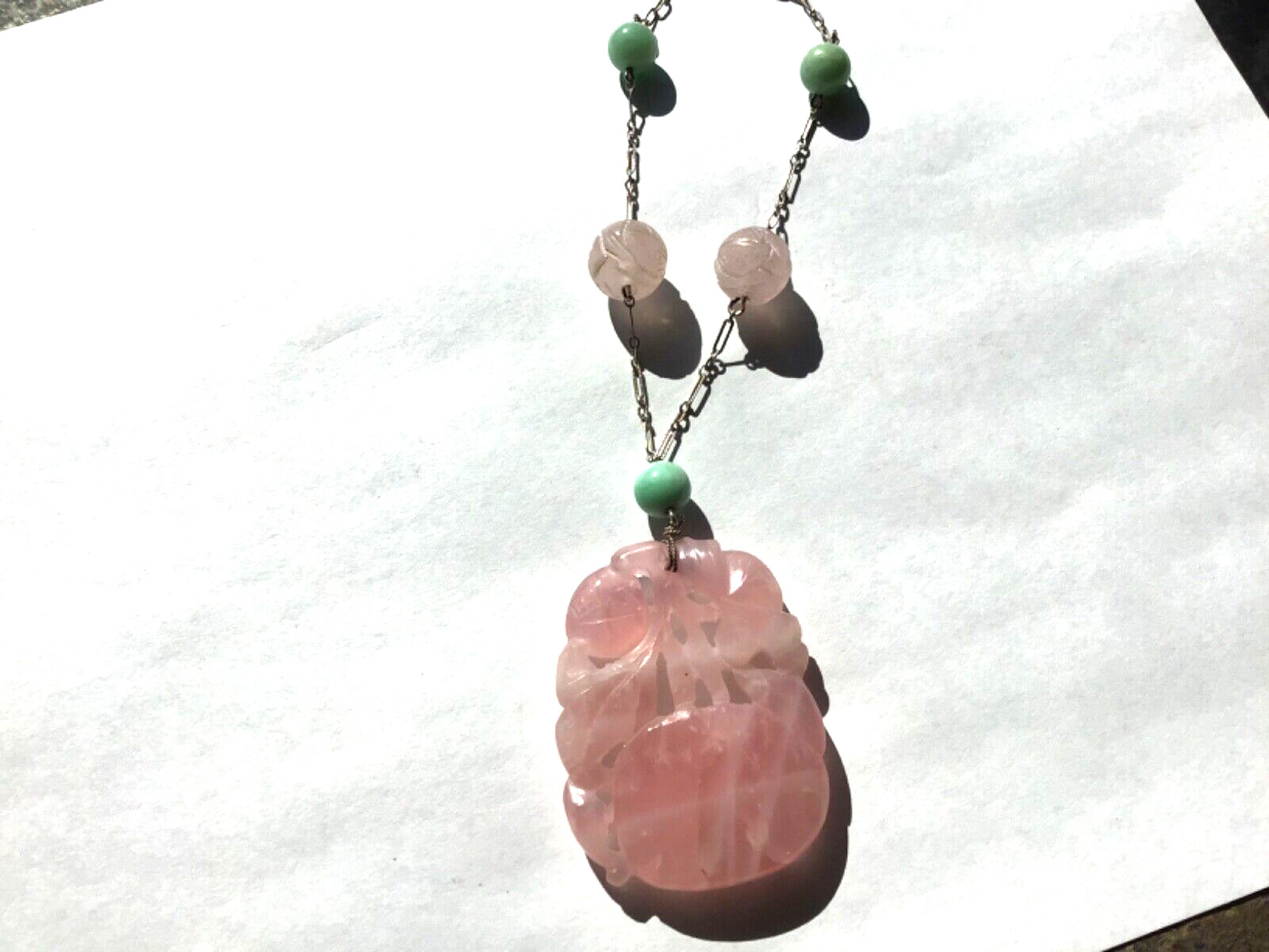 Sterling Carved Rose Quartz and Jadeite Bead Necklace Period Art Deco Stunning