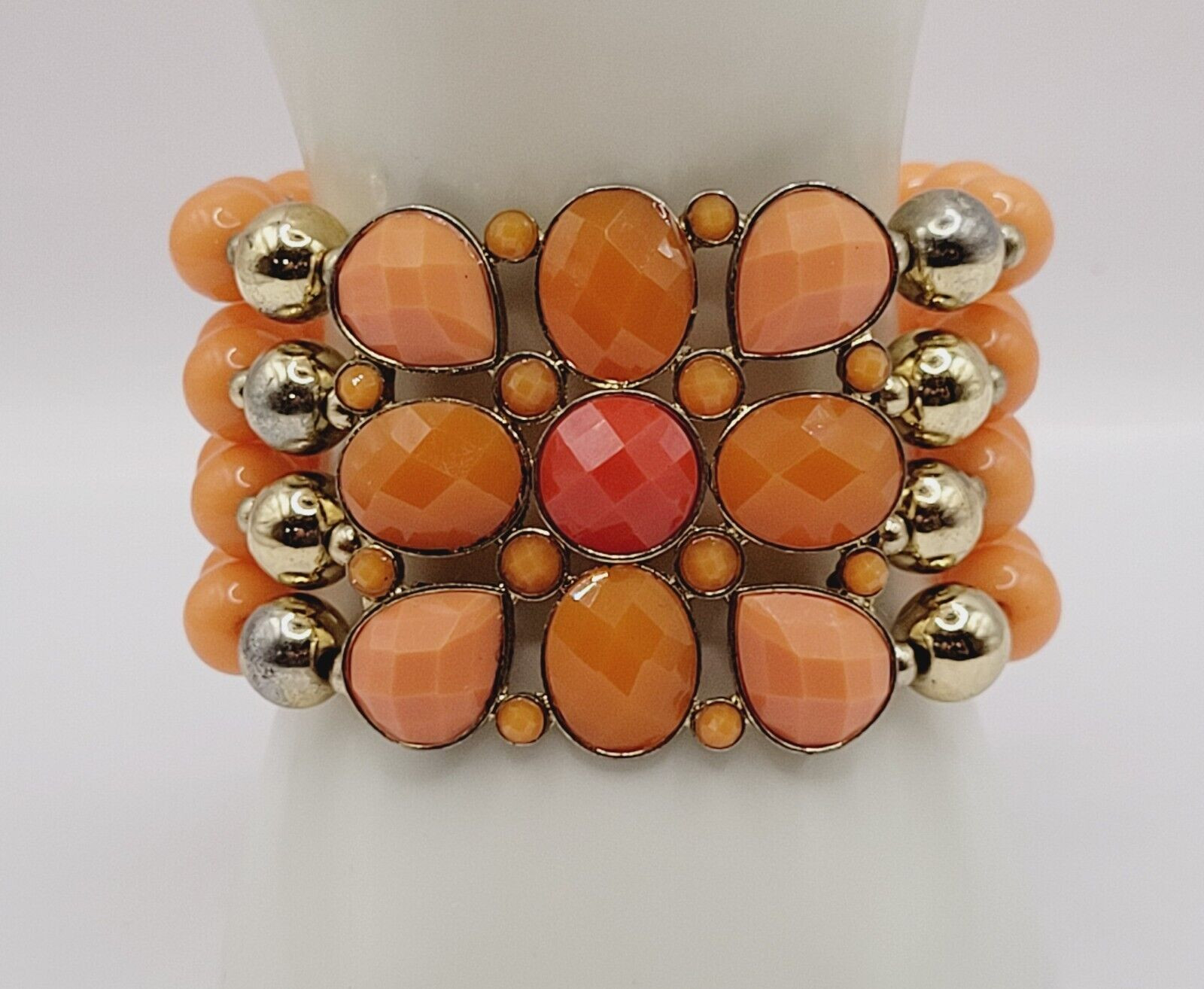 Orange Sherbet Melon Shade Wide Chunky Stretch Beaded Bangle Vintage Bracelet