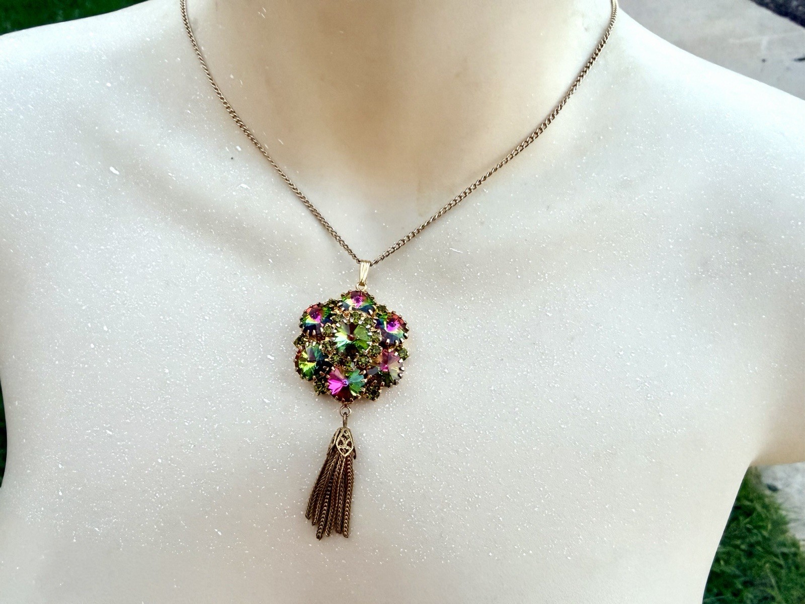 Vtg Juliana Watermelon Heliotrope Rivoli Tassel Pendant Necklace