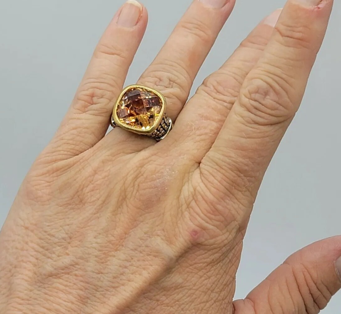 Vtg Sz 7 Ring Lg Citrine Topaz Cubic Zirconia Roman Brutalist Theme Jewelry Dot