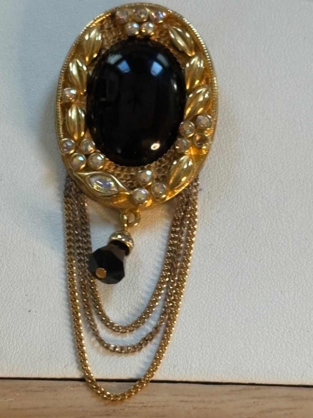 KJL signed Gold Tone Brooch With Black Stone & Crystal Accents
