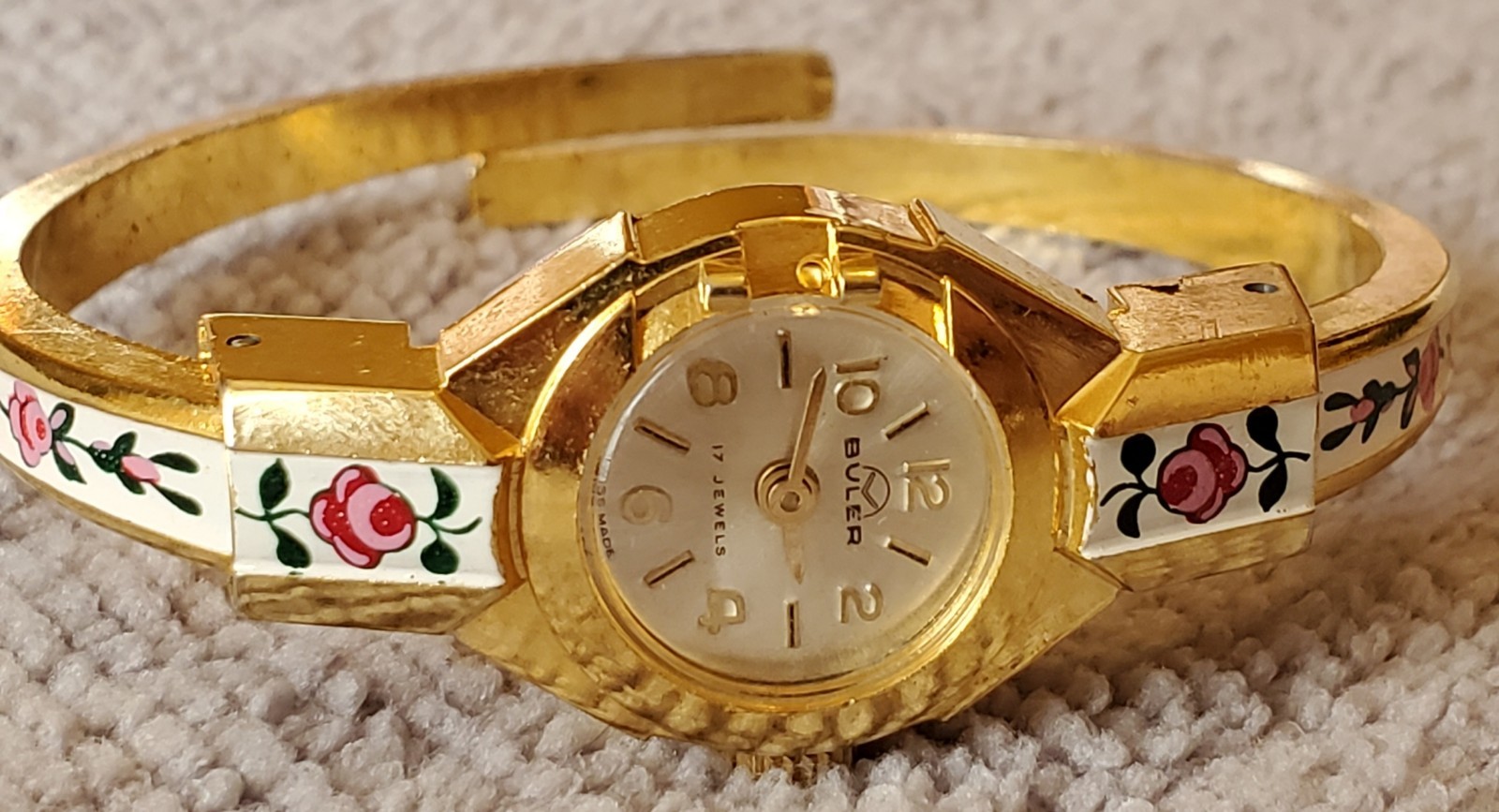 Vintage Buler Manual Gold Plate Enamel Rose Bracelet W/Face Cover Needs Repairs