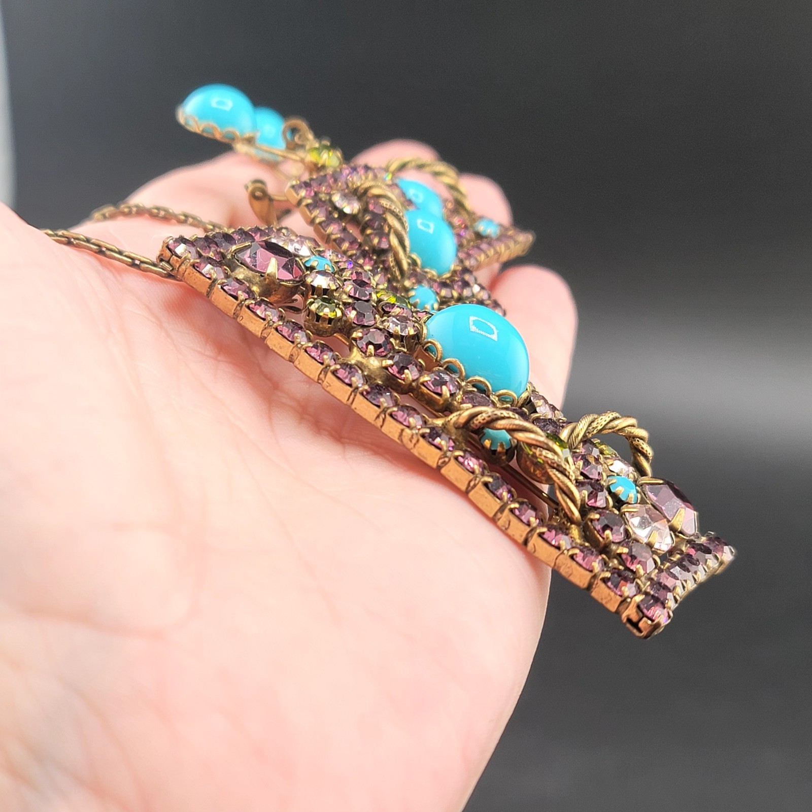 Vtg 3 pc Set Brooch Pendant Earrings Purple Rhinestones Blue Cabochons Jewelry