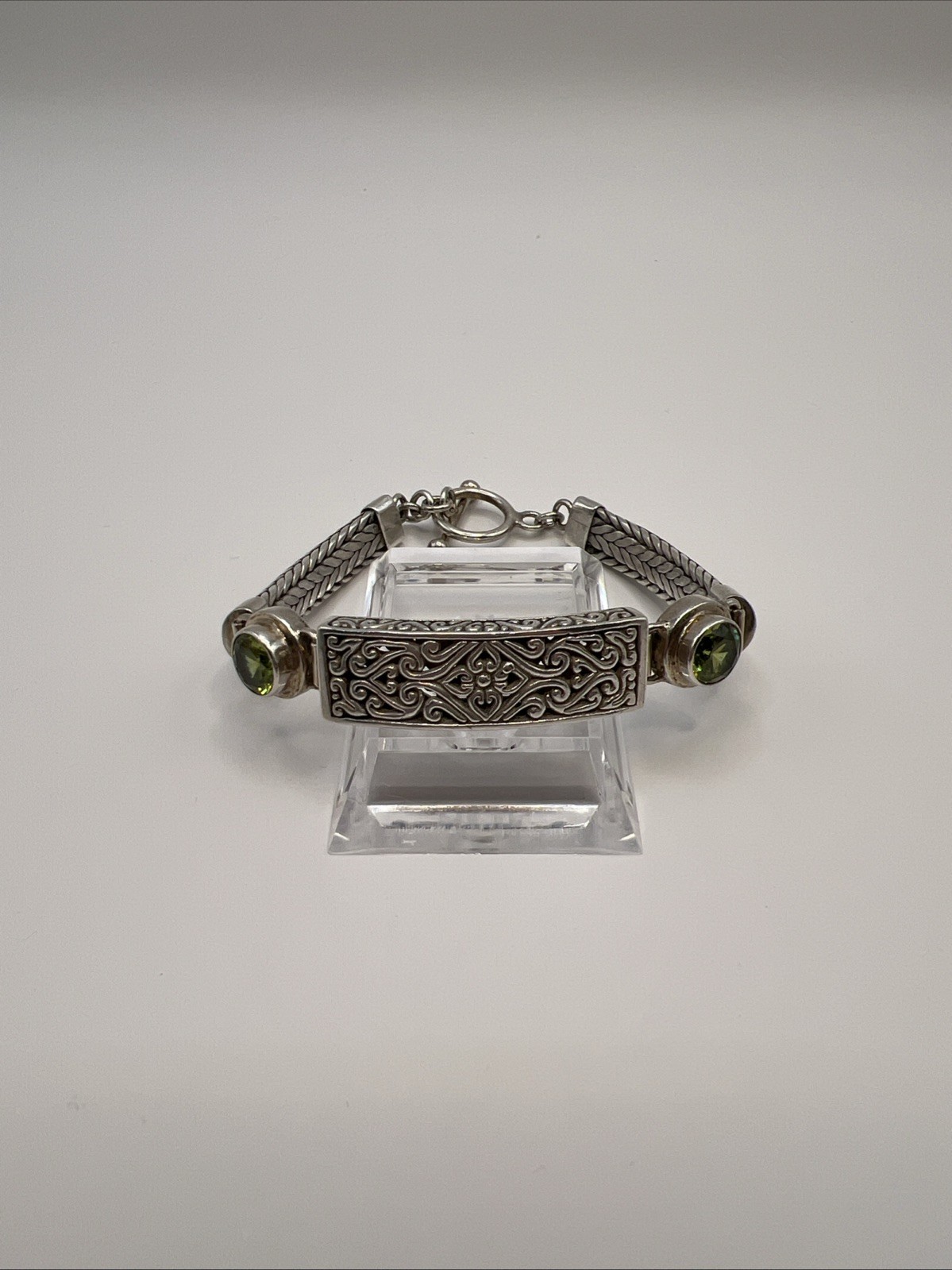 Bali Sterling Silver Peridot Bracelet 7” Handcrafted Balinese Scrollwork Artisan