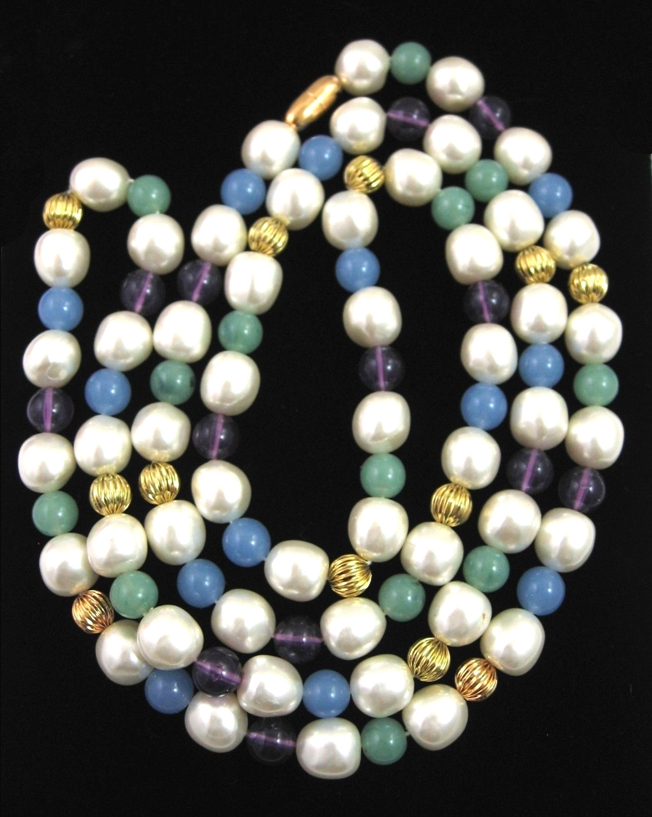 White PURPLE BLUE MINT GREEN BEADED Necklace 4 Color Beads Vintage Goldtone 36″