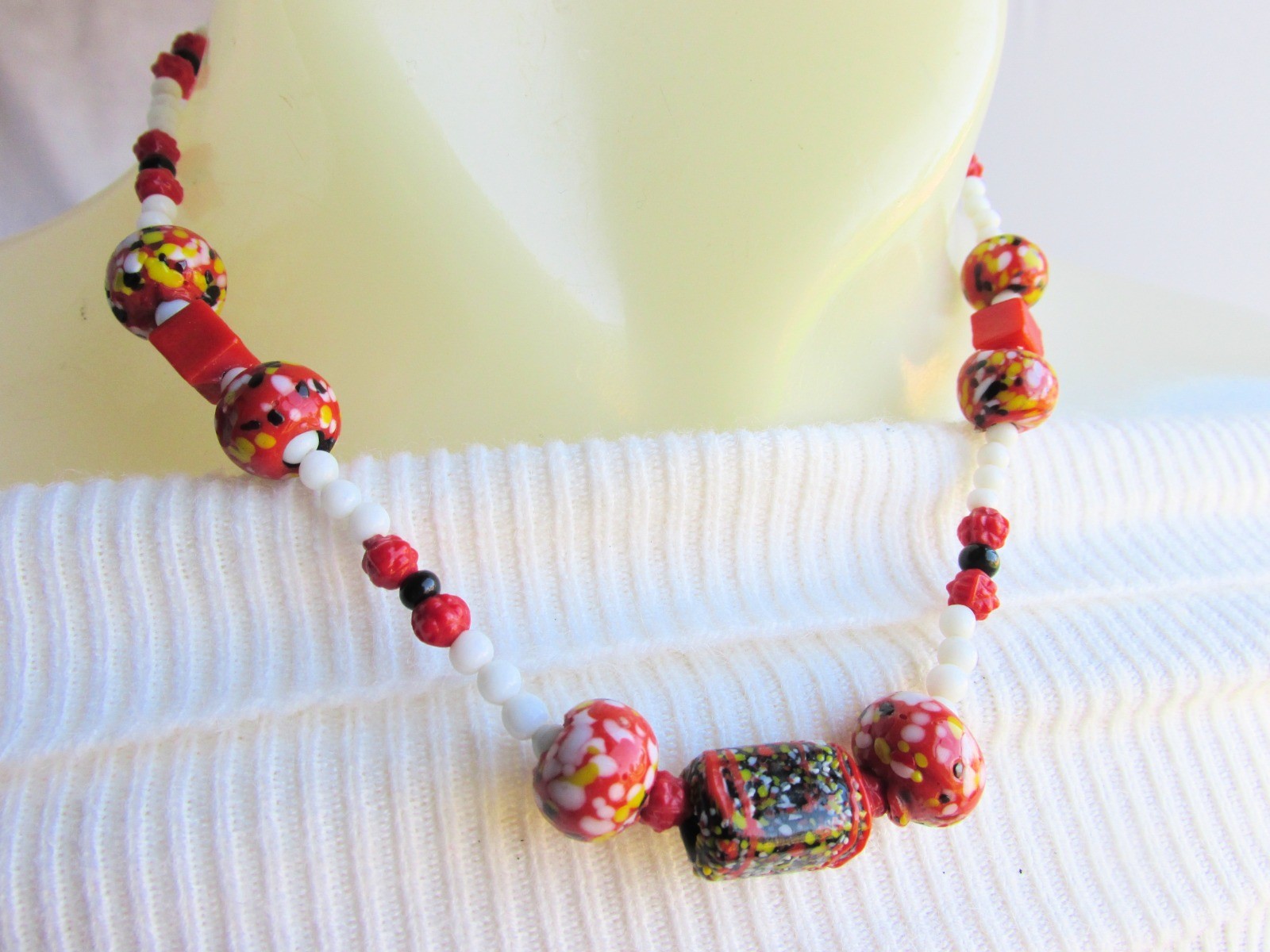 70s Vintage Orange Yellow White Black Venetian Glass Bead 16′ Necklace