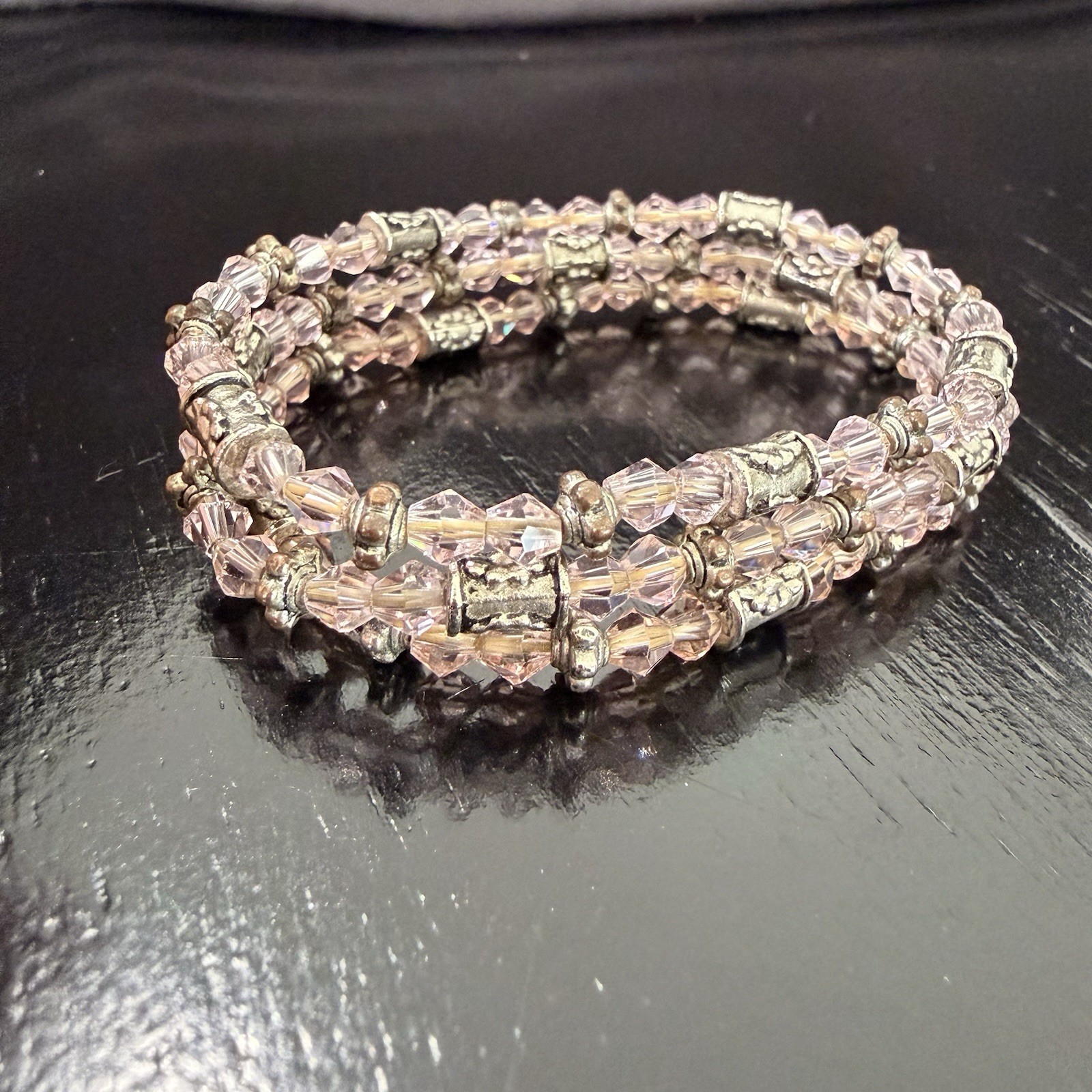 Vintage Pink Crystal Beaded Wrap Bracelet Multi Strand Stretch 6.75in