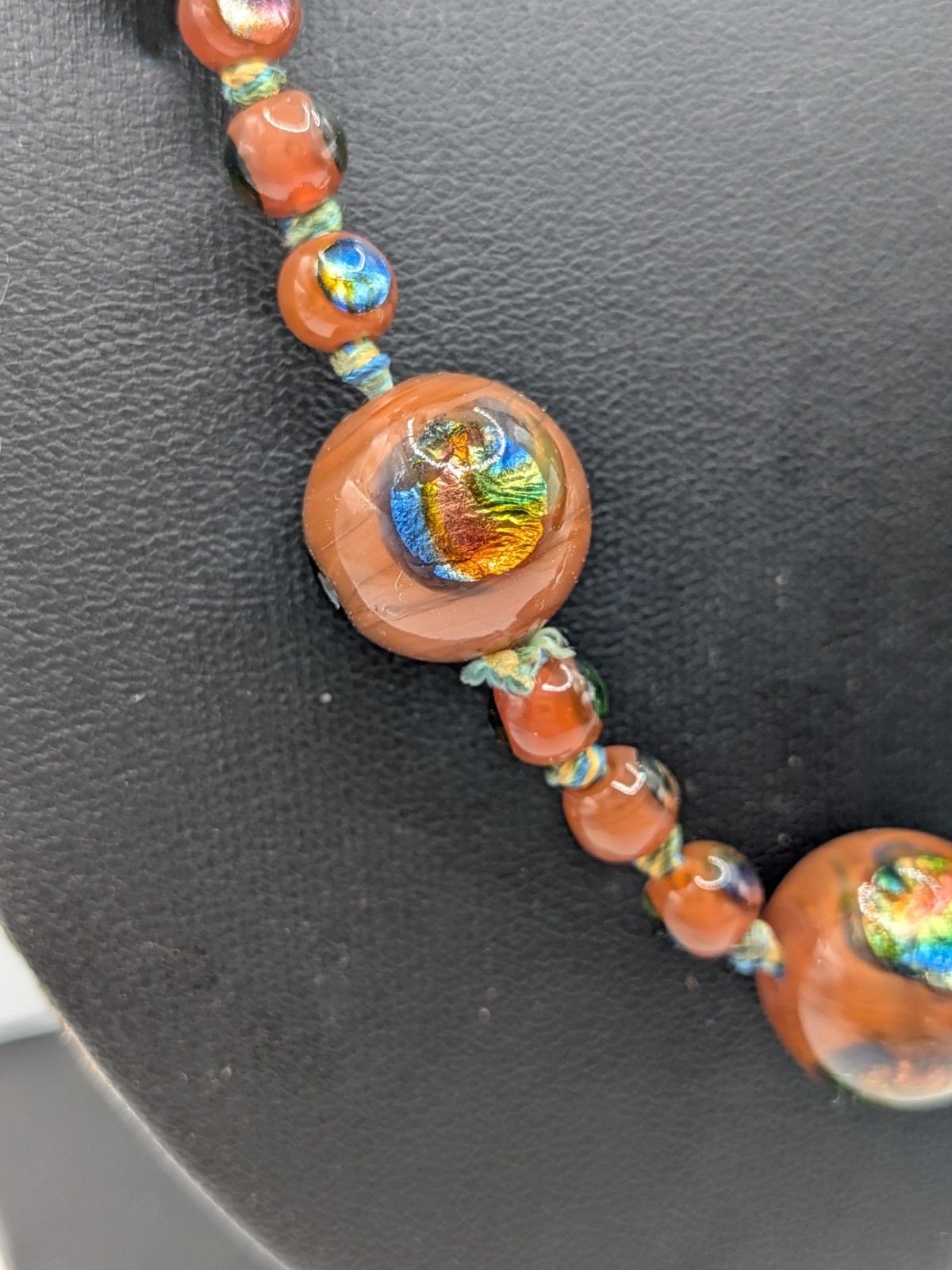 Art Deco Antique Czech Glass Rainbow Foil Peacock Eye Bead Necklace Brown Read
