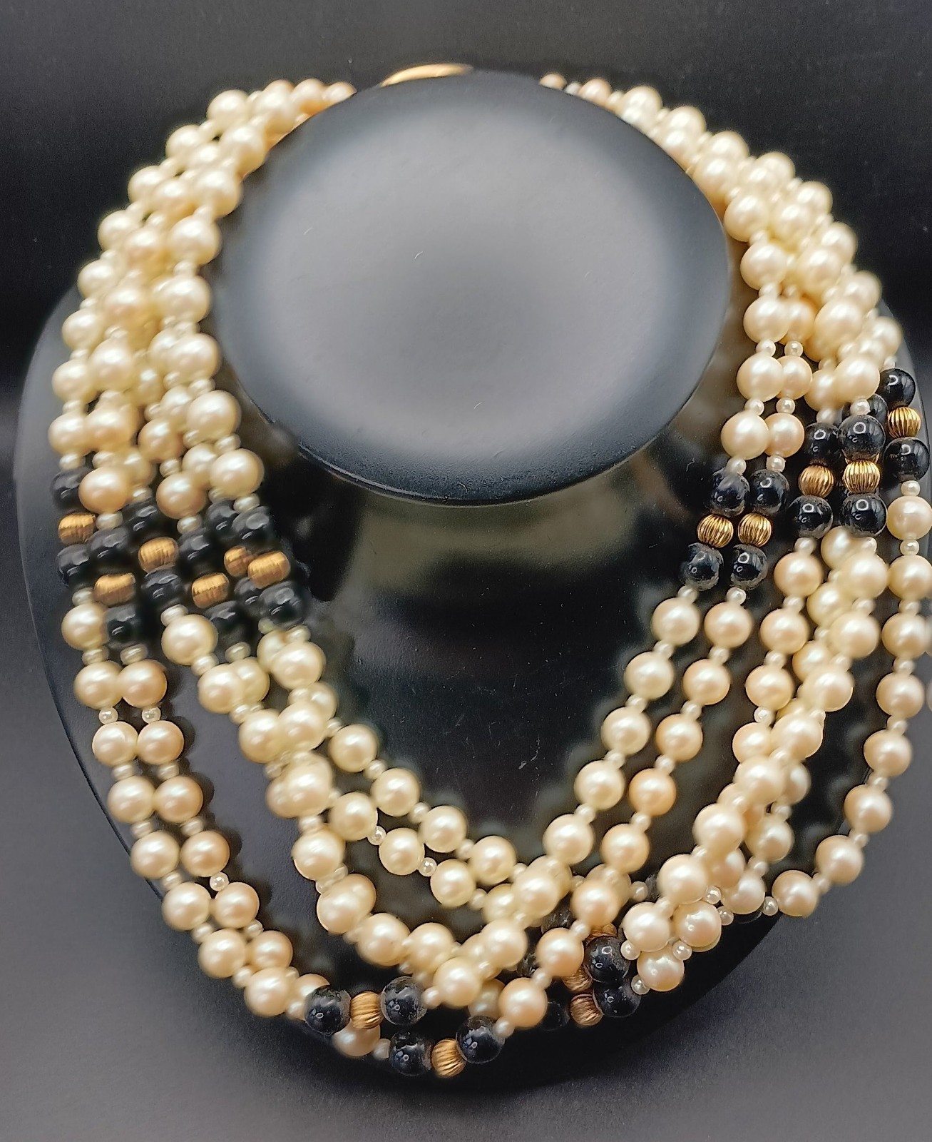 ​Vintage Gay Boyer 6-Strand Faux Pearl Necklace Black Gold Beads Ornate Clasp