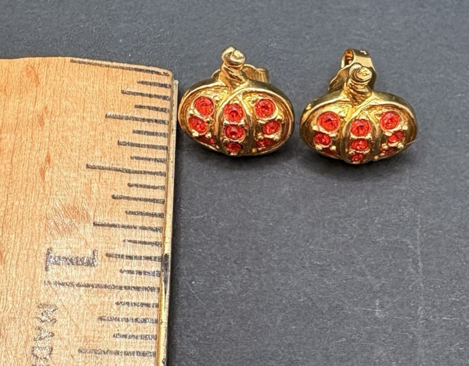 Vintage Avon Precious Pumpkin Pierced Earrings Orange Crystals Gold Tone Dainty