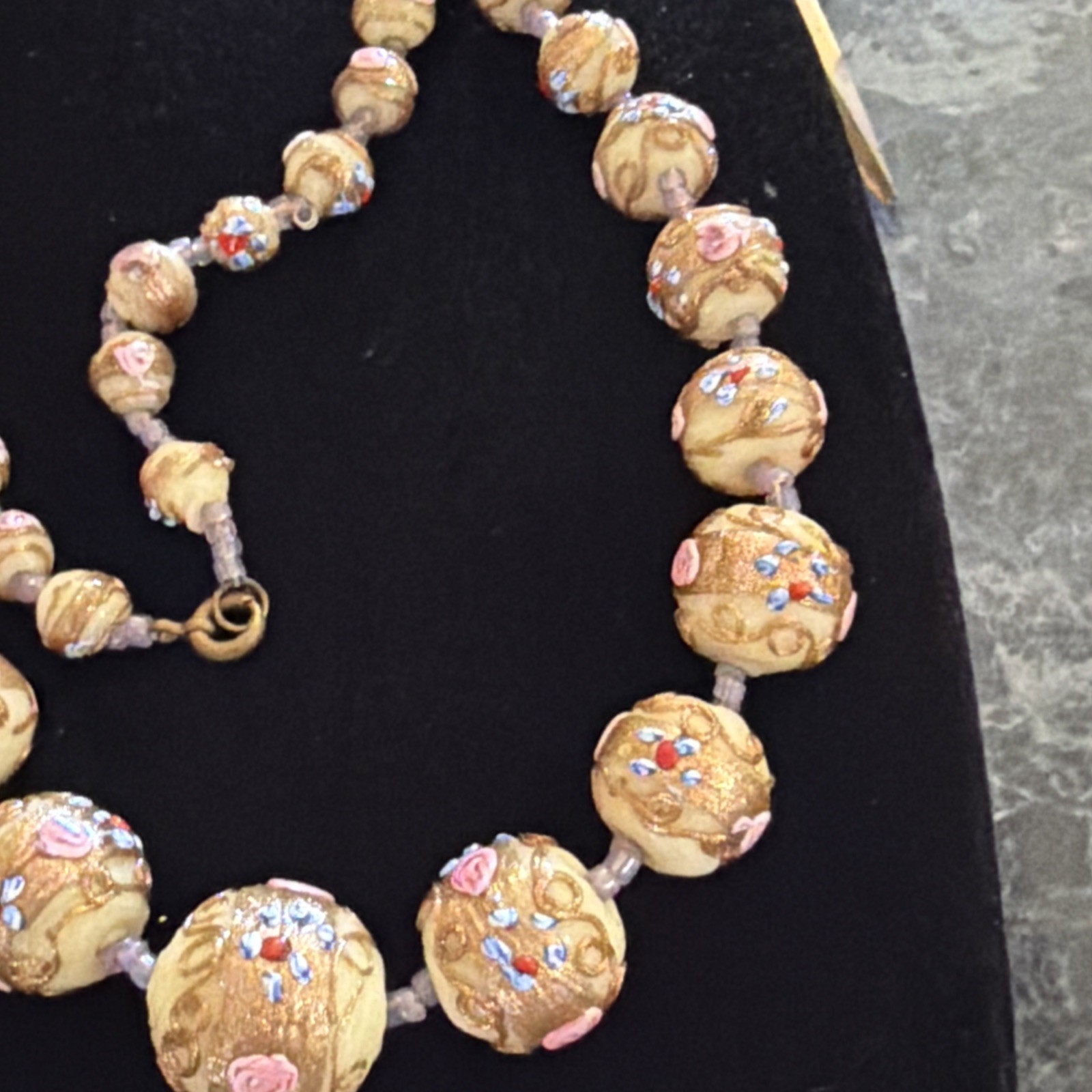 Vintage Murano Venetian Art Glass Necklace, Wedding Cake beads Ivory Gold Pink!