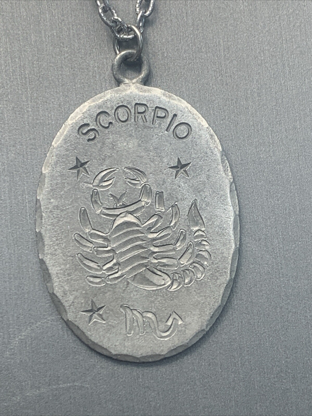 Vintage Pewter BDA Zodiac astrology Oval Scorpio Engraved Pendant Necklace 20”