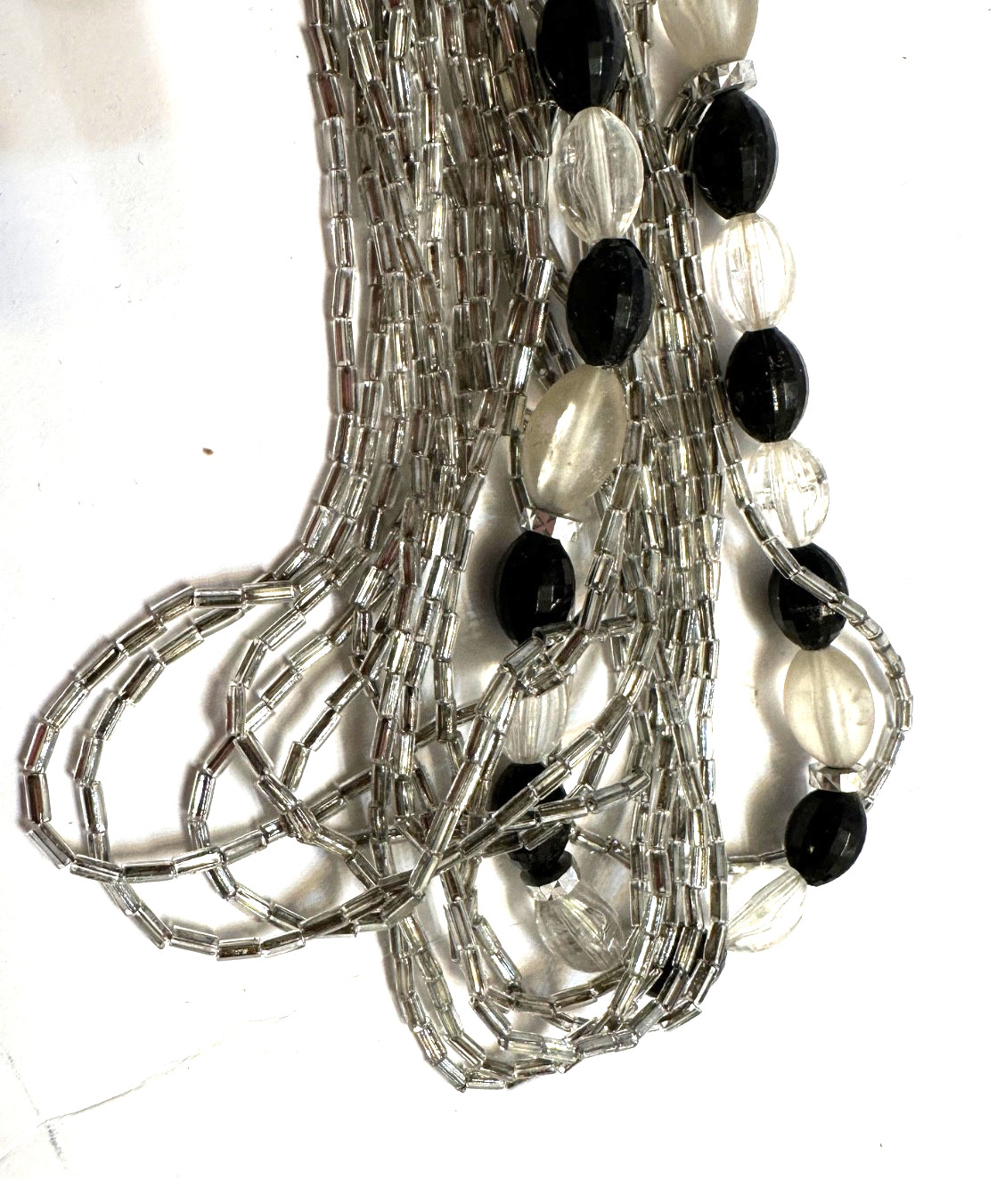Vintage Black & Clear Beaded Necklace Multi Strand Silver Tone Seed Bugle Beads