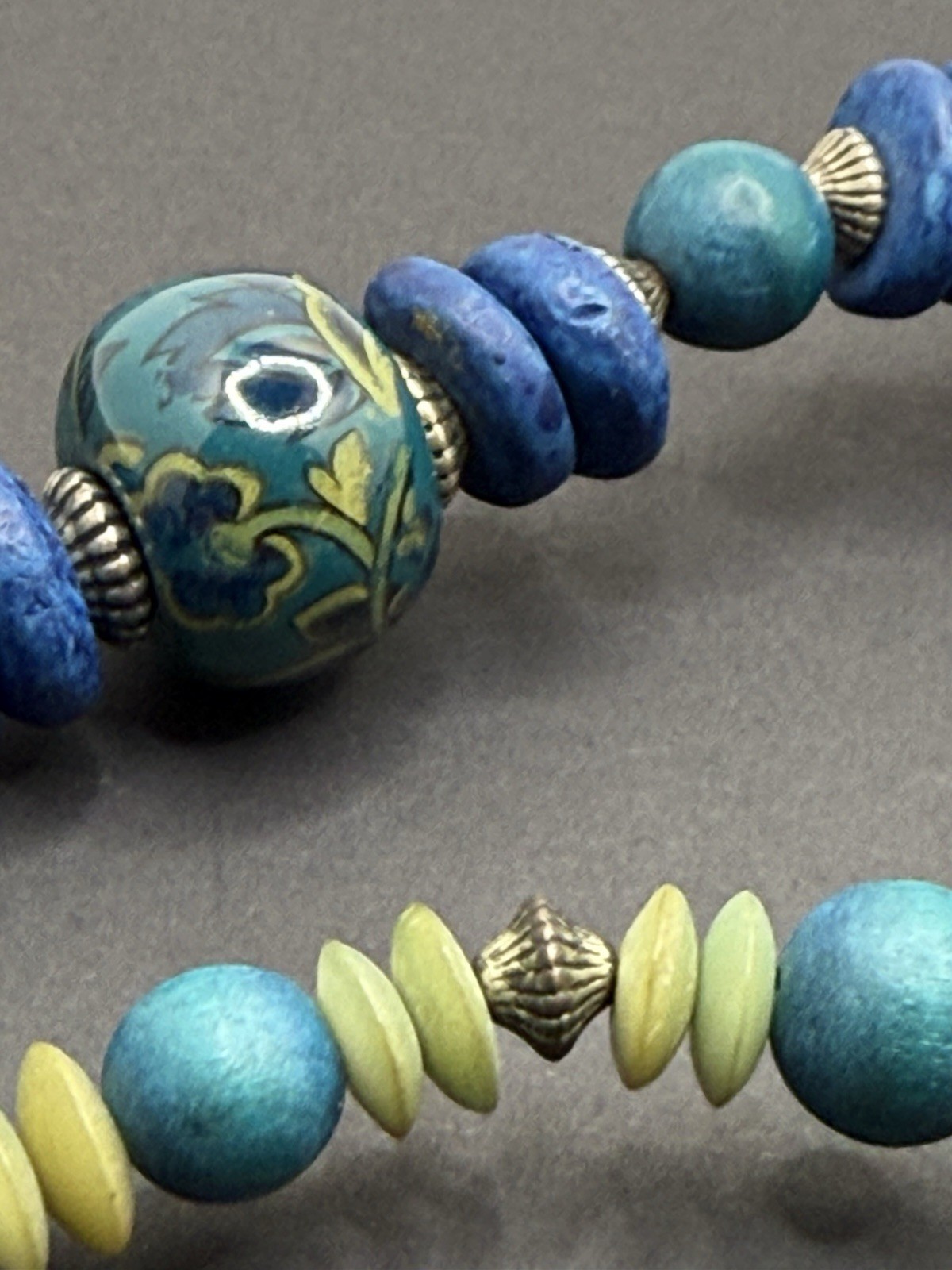 Vintage Beaded Necklace Teal Blue Ceramic Wood Barrel Closure 28” Handcrafted