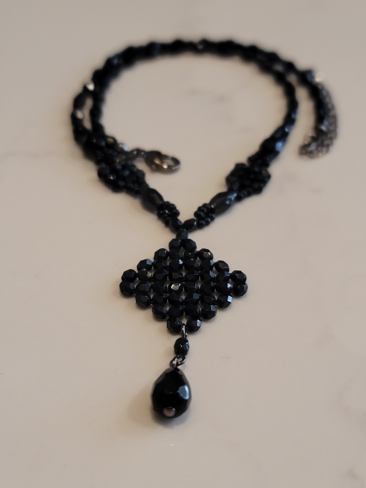 Vintage Black Faceted Bead Necklace Teardrop Pendant Gothic Formal 18″