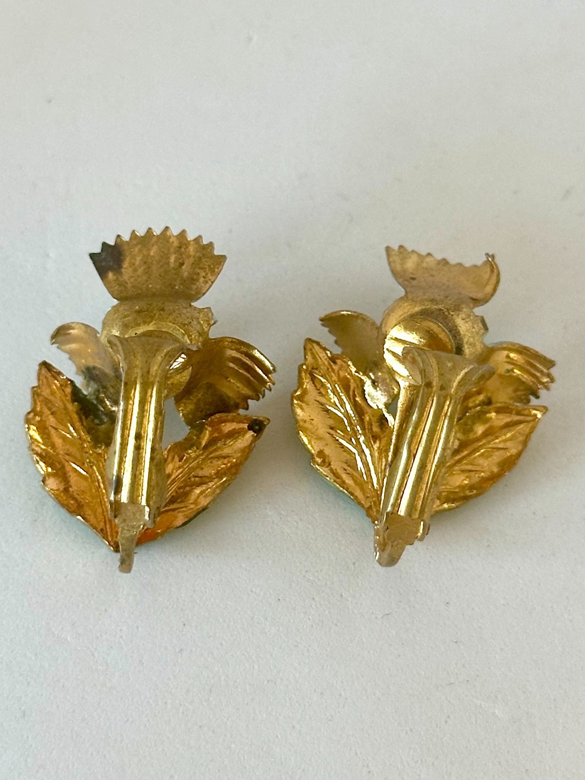 Vintage Austrian Crystal Enamel Flower Clip on Earrings Retro 40s