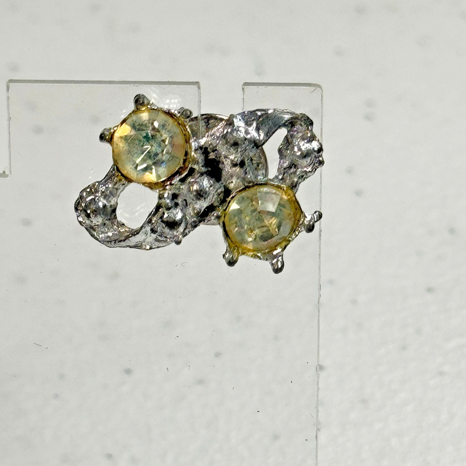 Vintage Brooch Abstract Brutalist Silver Tone Yellow Rhinestone Modernist Pin