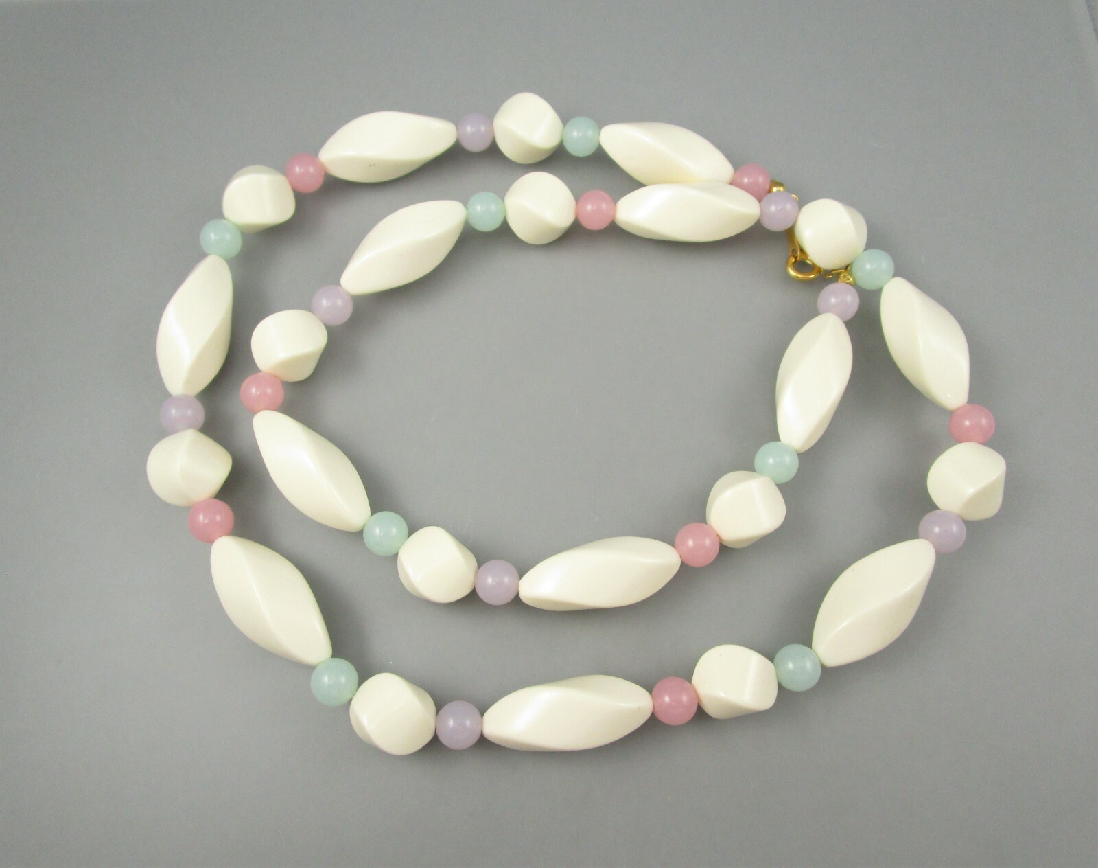 Vintage Well Made Cream pink, Green Purple Beaded Necklace #5208