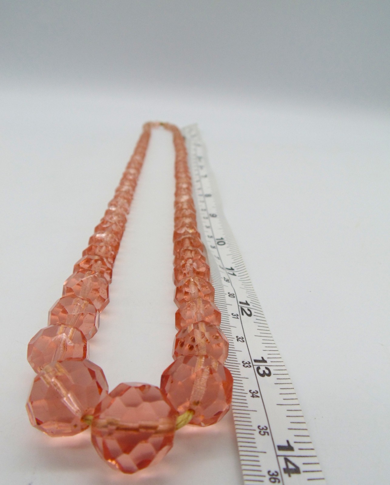 Older VTG PEACH PINK Crystal Glass NECKLACE ~ Graduated Size Faceted Beads 28″