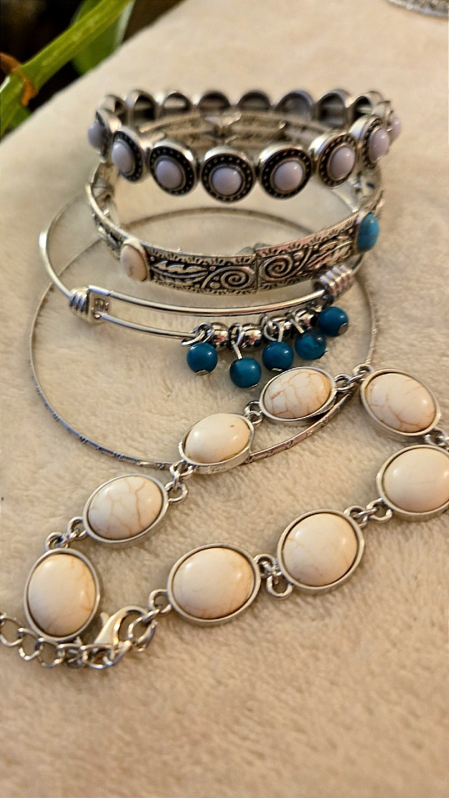 Lot Silver Tone Bracelets & Bangles with White, Turquoise Stones western boho