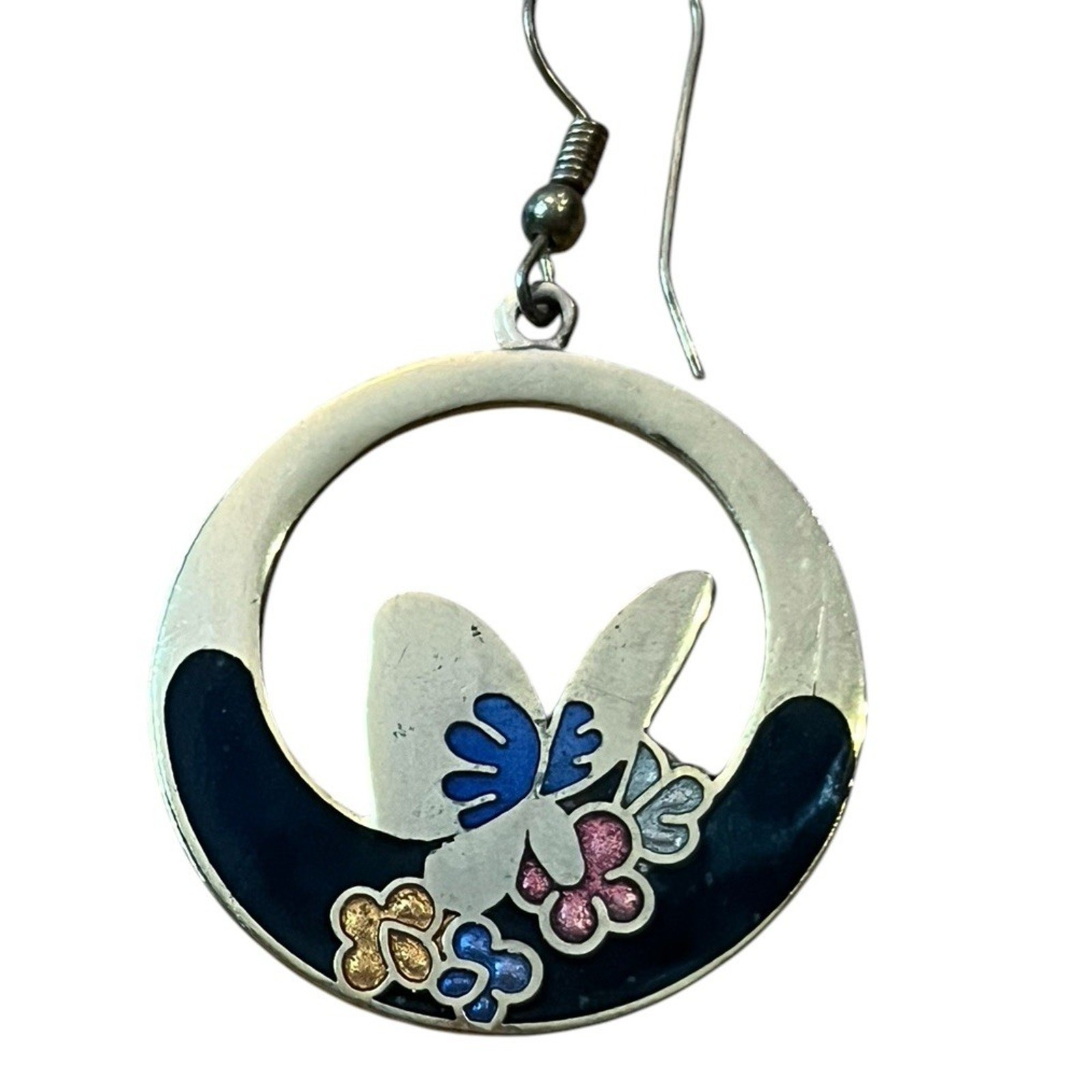 VTG Cloisonné Enamel Earrings Black Butterflies Gold Colored Metal 2” 1980s