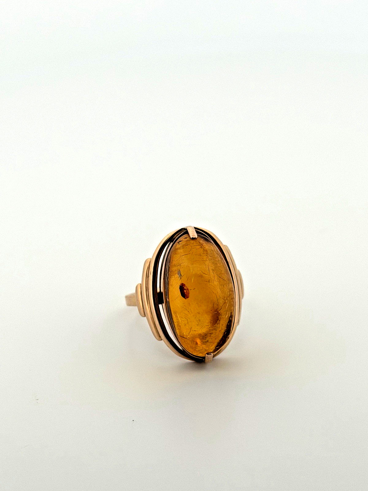 Vintage Russia 14K 585 Rose Pink Gold Honey Amber Earrings And Ring Set