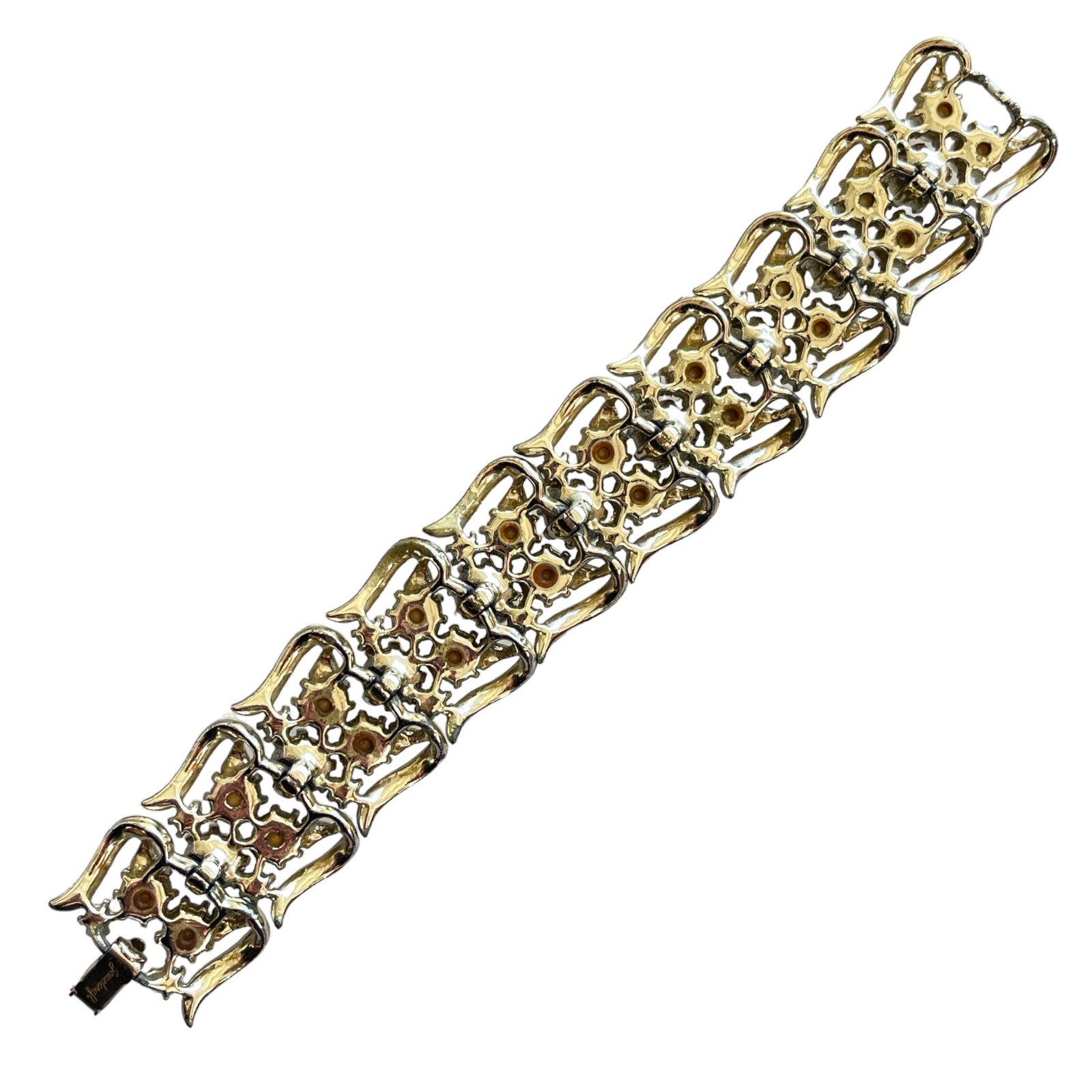 Vintage Jewelcraft Rhinestones & Faux Pearls Bracelet Dark Green AB