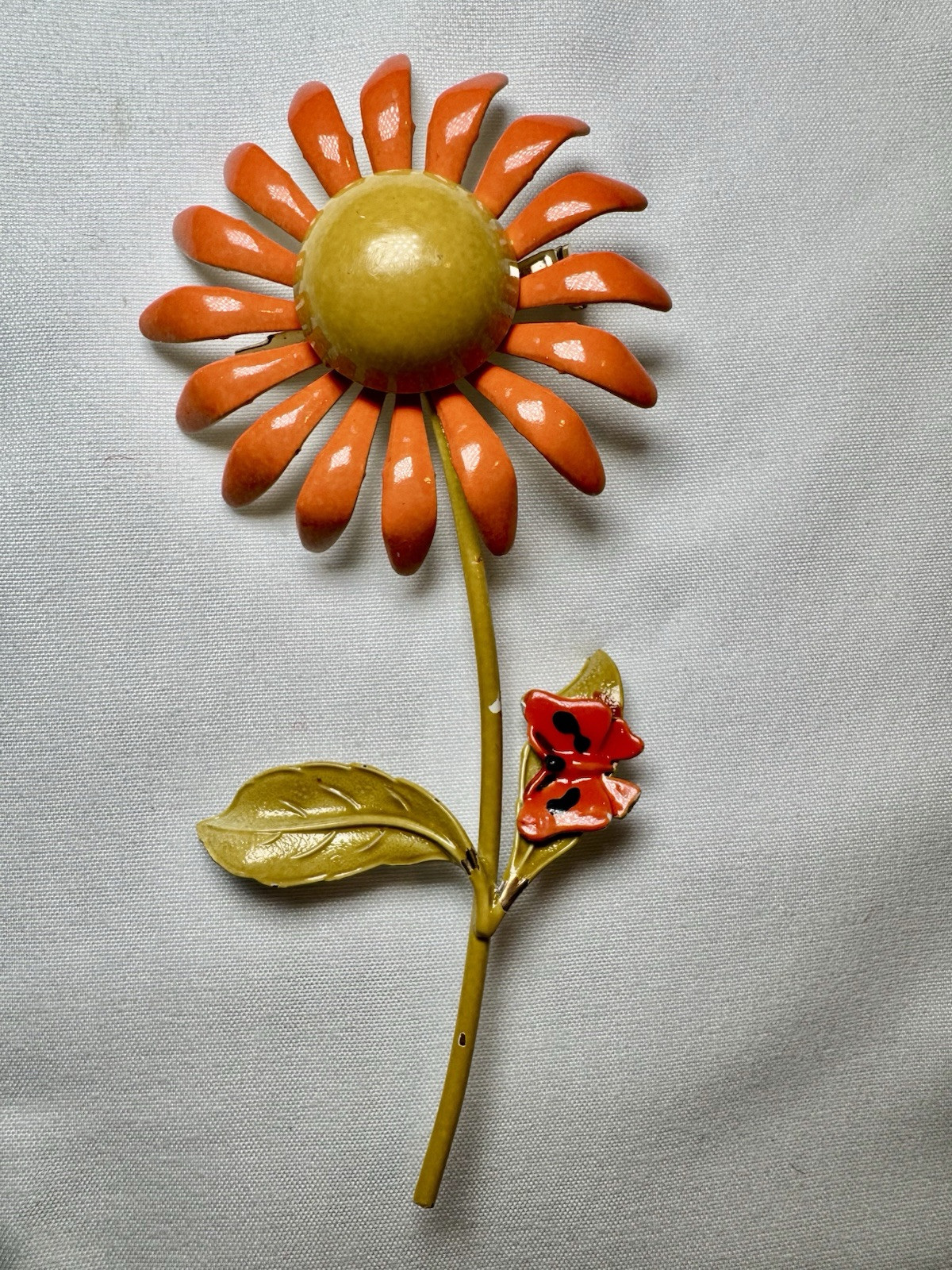 Vintage Orange Yellow Metal Enamel Daisy Flower Floral Brooch Pin 4.25” Spring
