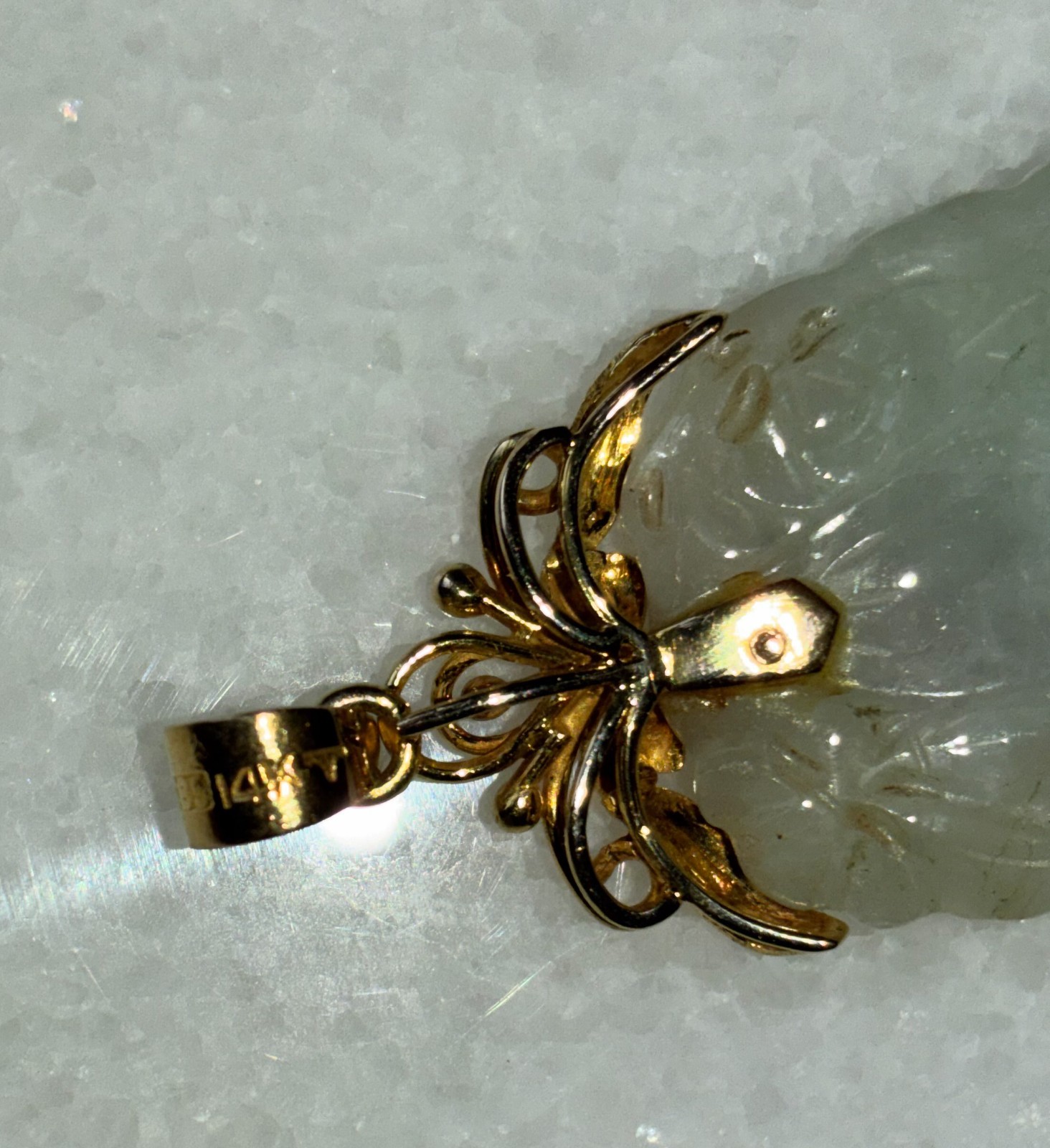 VTG Large Carved Jade Jadeite Pendant 14K 585 Gold Fancy Mount & Bail~ 2 3/4″