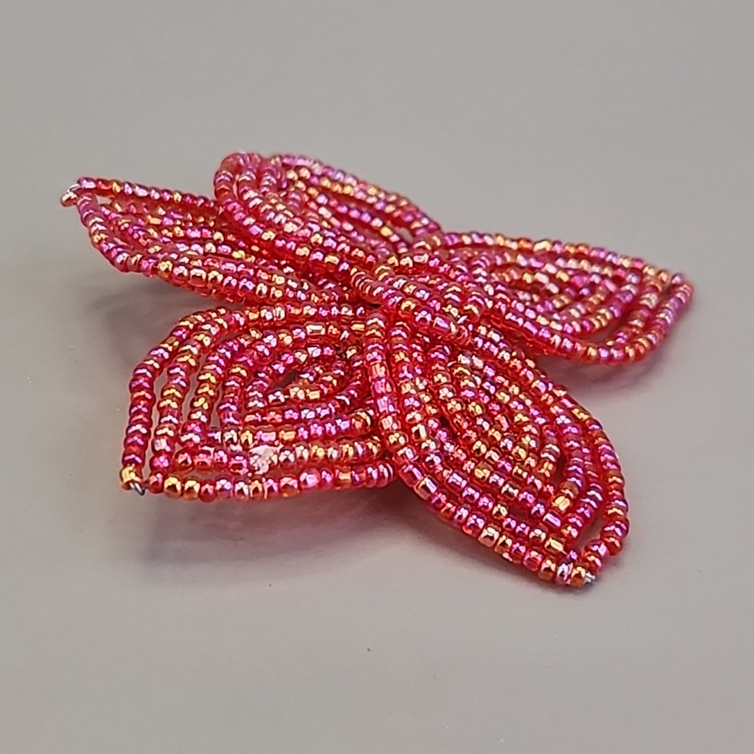 Vintage Seed Bead Flower Brooch AB Red Wired Glass 2.75″