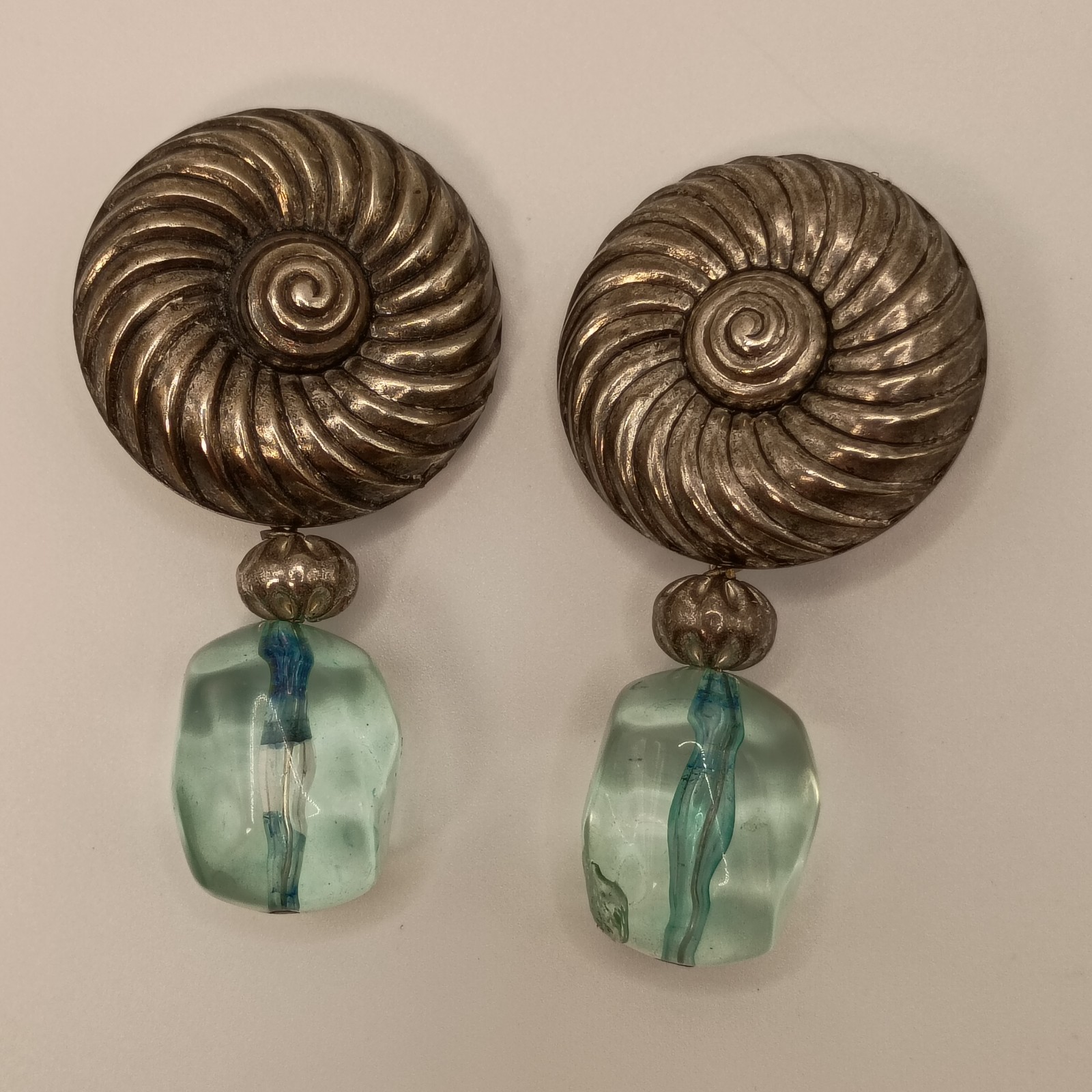Vintage Clip On Dangle Earrings Silver Tone Aqua Lucite Jelly Light Teal Blue