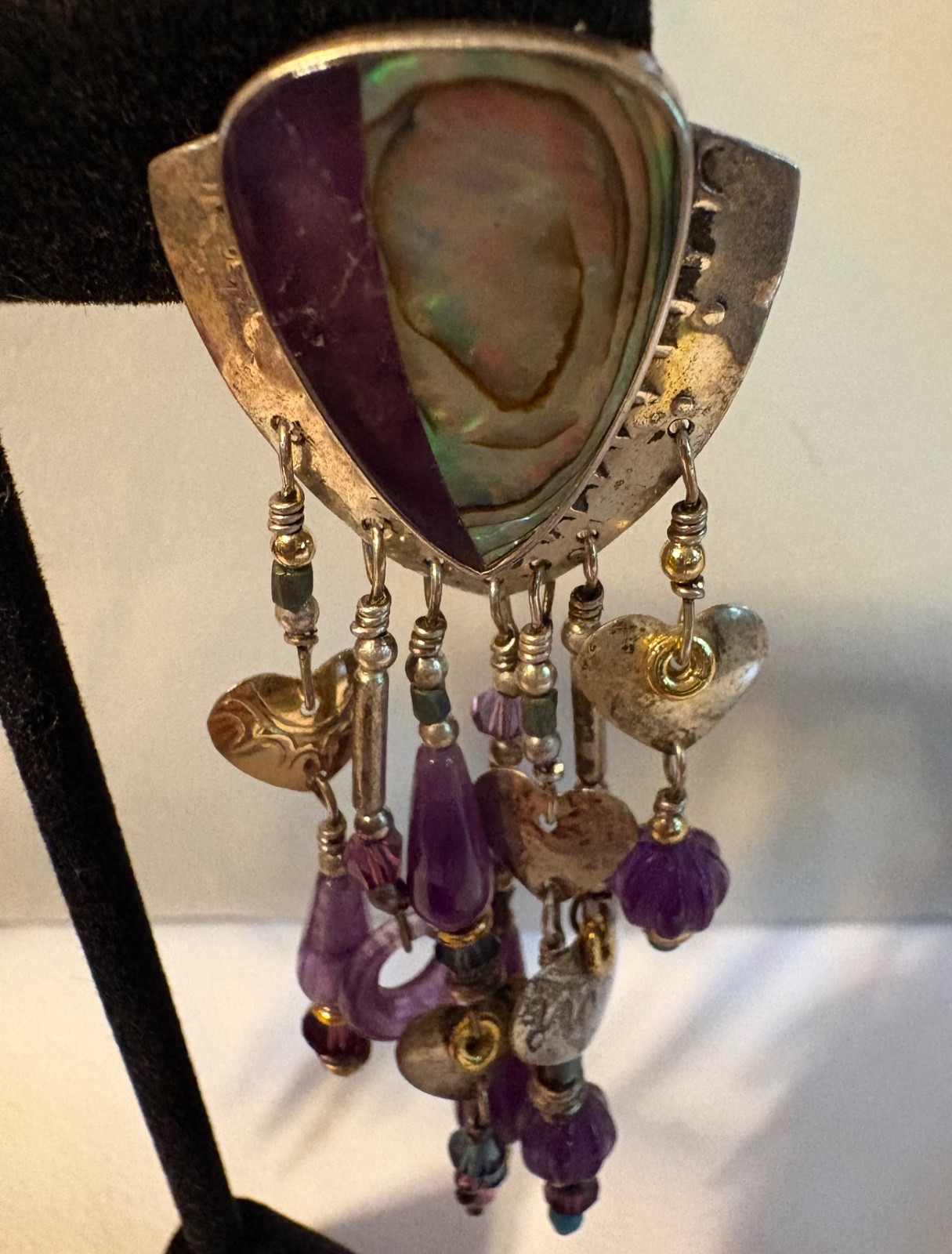 Vintage Tabra Earrings–Amethyst and Abalone–Sterling Silver and Gold