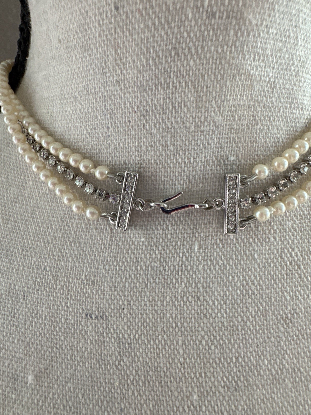 Vintage Faux Pearl Rhinestone Butterfly Necklace Silver Tone Fringe Bib