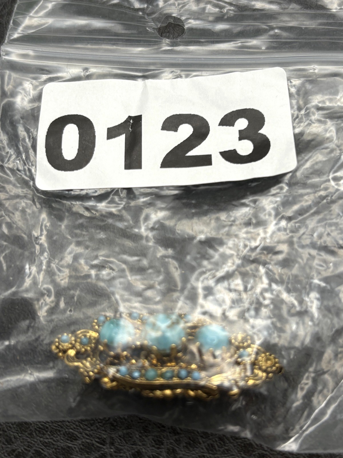 Vintage Victorian Revival Brooch Faux Turquoise Glass Cabochon Pin Ornate READ
