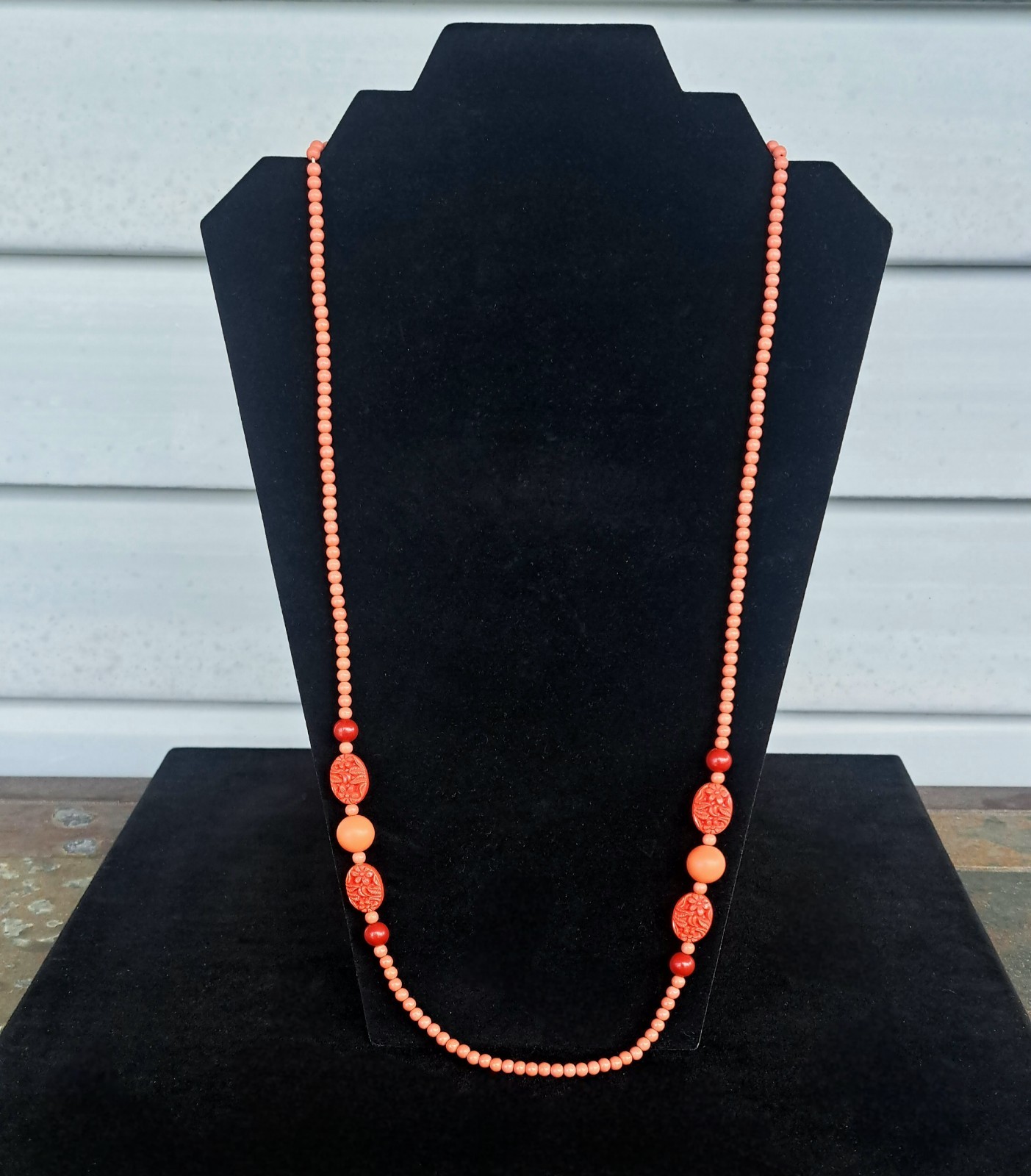 Vintage 30″ Faux Coral Necklace Pink Peach Salmon Color—Art Deco Nouveau MCM