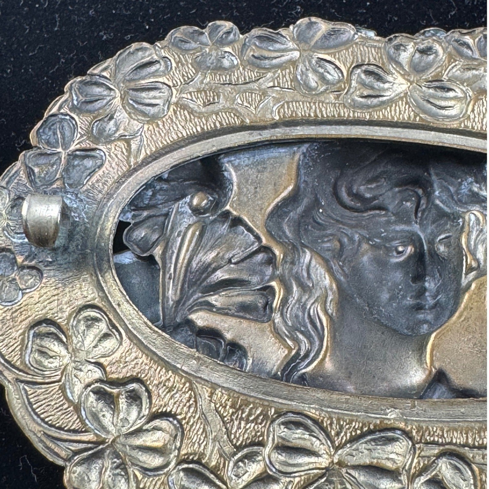 VTG Art Nouveau Revival Repousse Maiden Sash Pin Brooch Ginkgo Faux Turquoise