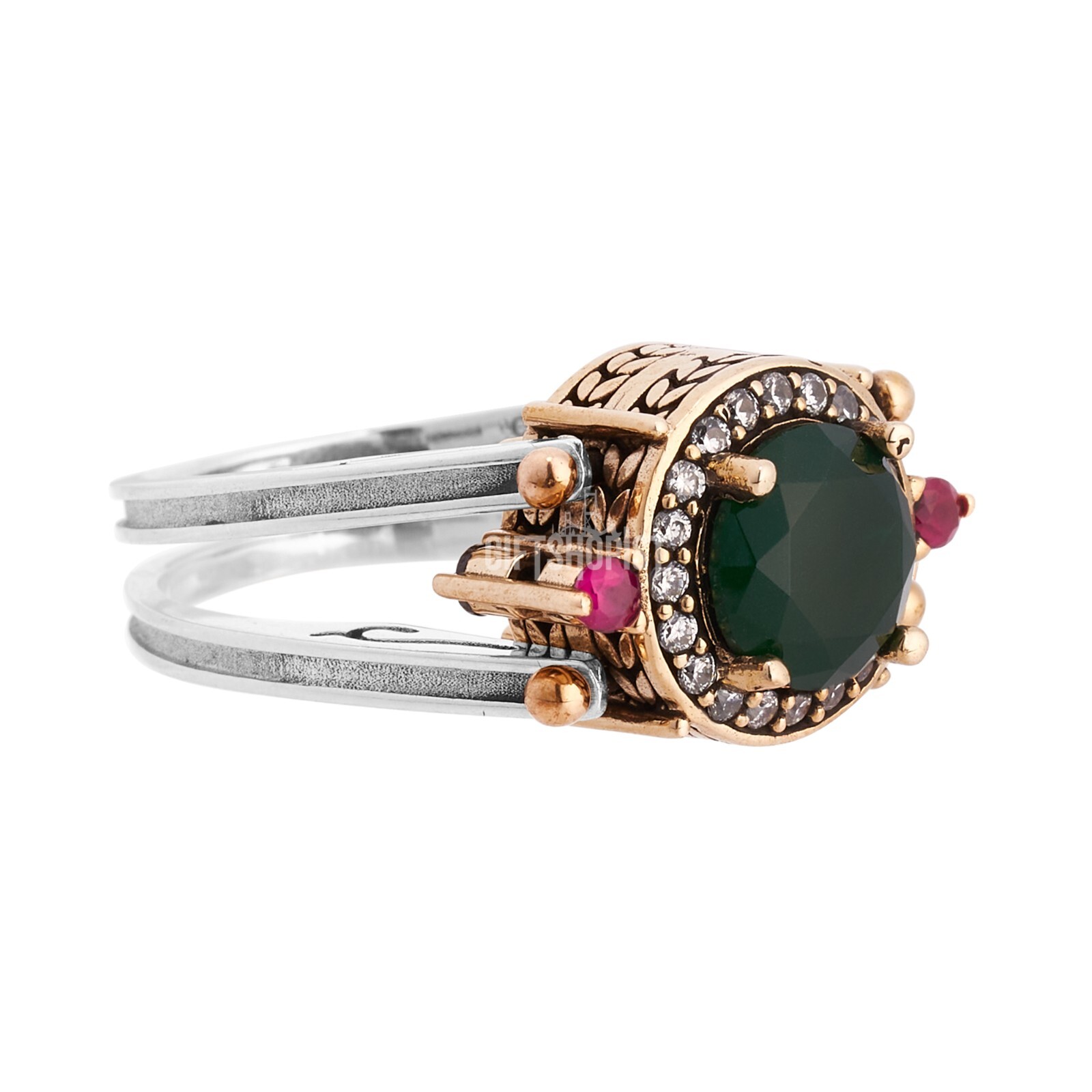 Turkish Reversible Round Emerald and Ruby Topaz 925 Sterling Silver Ring
