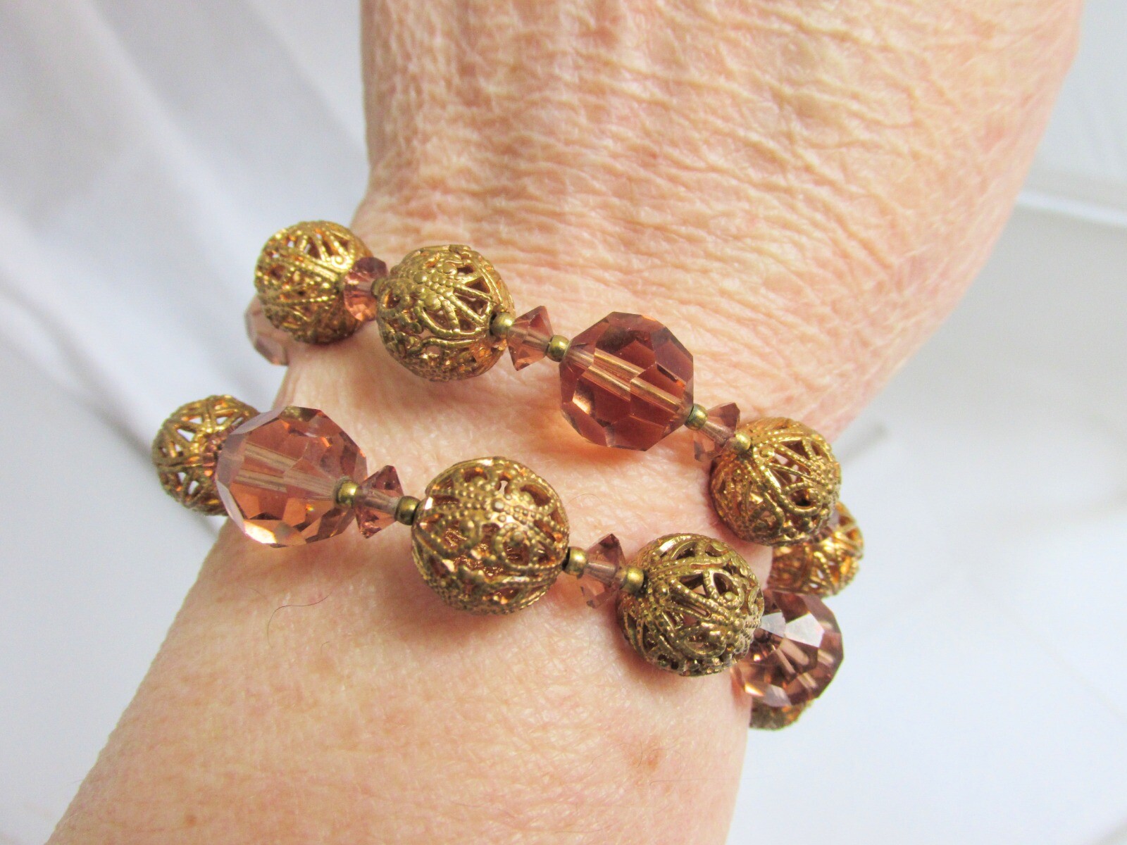Vintage Topaz Glass Crystals & Gold Plate Filigree Metal Beads Wrap Bracelet