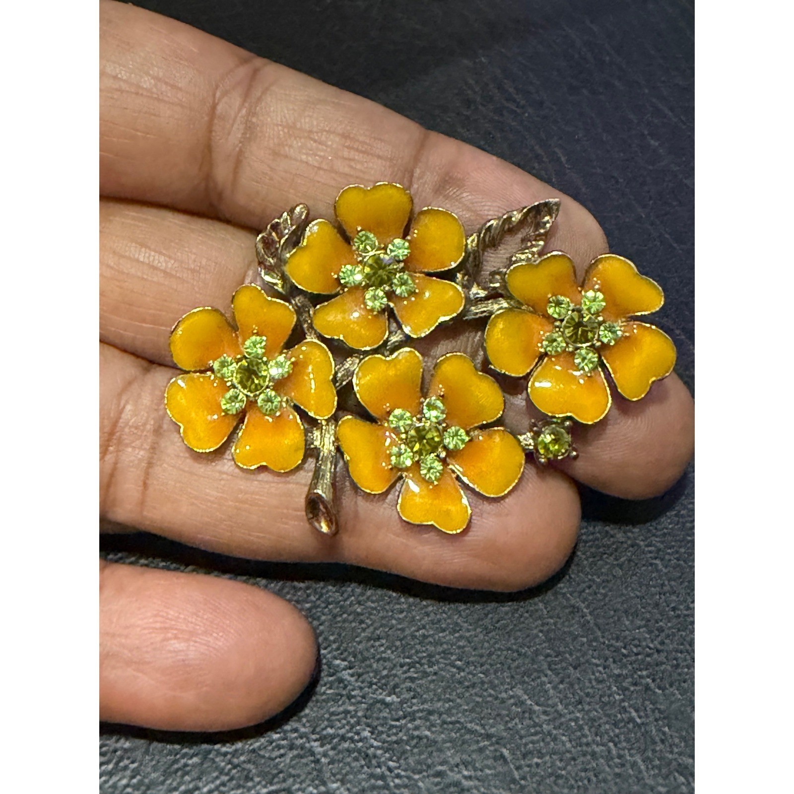 Floral Brooch Women Yellow Enamel Green Rhinestone Floral Cluster Unbranded