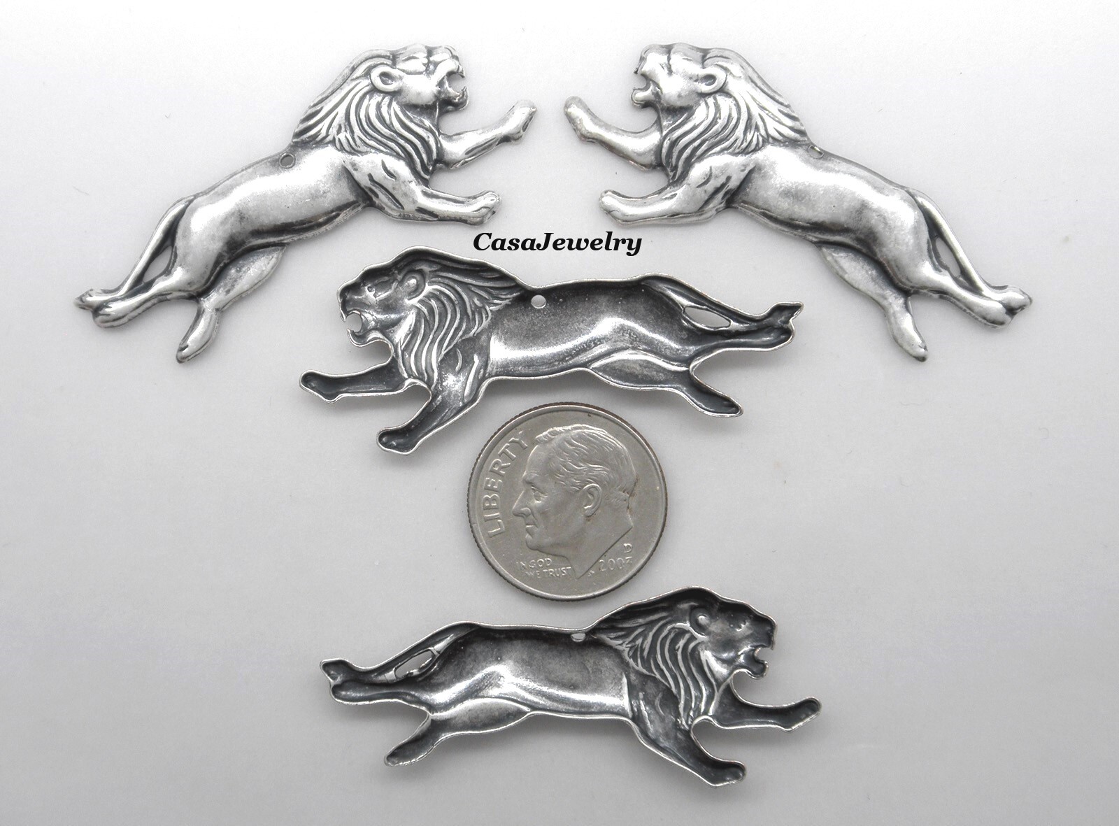 #0174 ANTIQUED .925 STERLING SILVER PLATED LIONS W/TOP HANG HOLE – 2 PAIR L+R