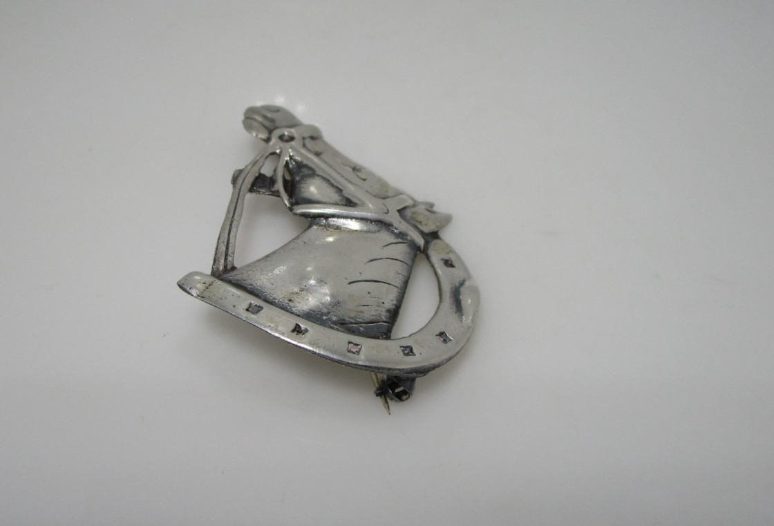 Vintage Equestrian Horse Head Winner Horseshoe Walter Lampl Sterling Pin 2″