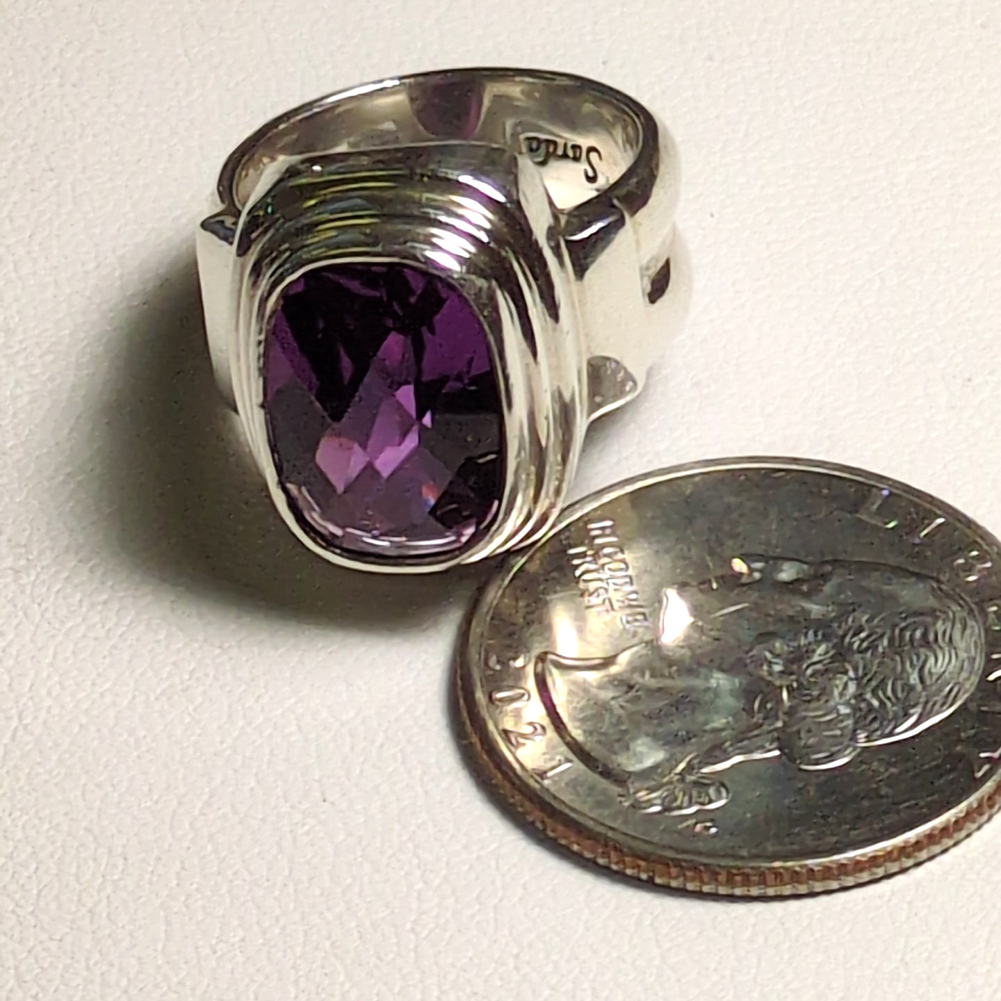 SARDA 925 Sterling Silver Amethyst Cushion Cut Statement Ring Size 6 High Dome