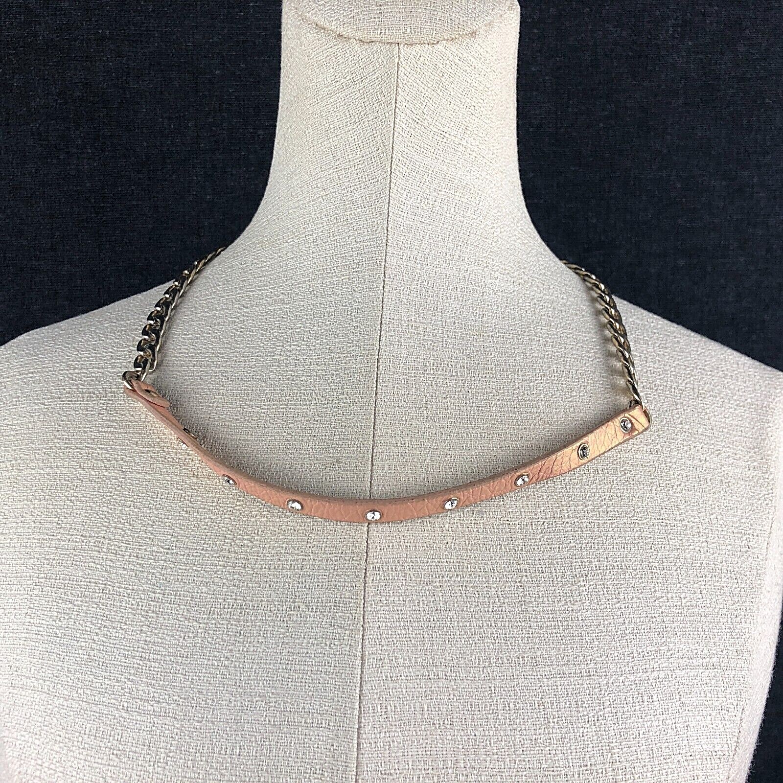 FANTASTIC Vintage Leather Rhinestone Chain Link Dog Collar 90s Rock Gothic 22″