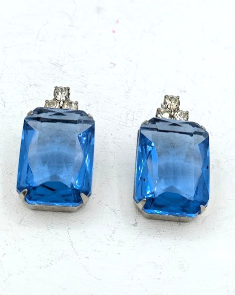 Vintage Post Earrings Blue Crystal Emerald Cut Glass Silver Tone Post 1950s