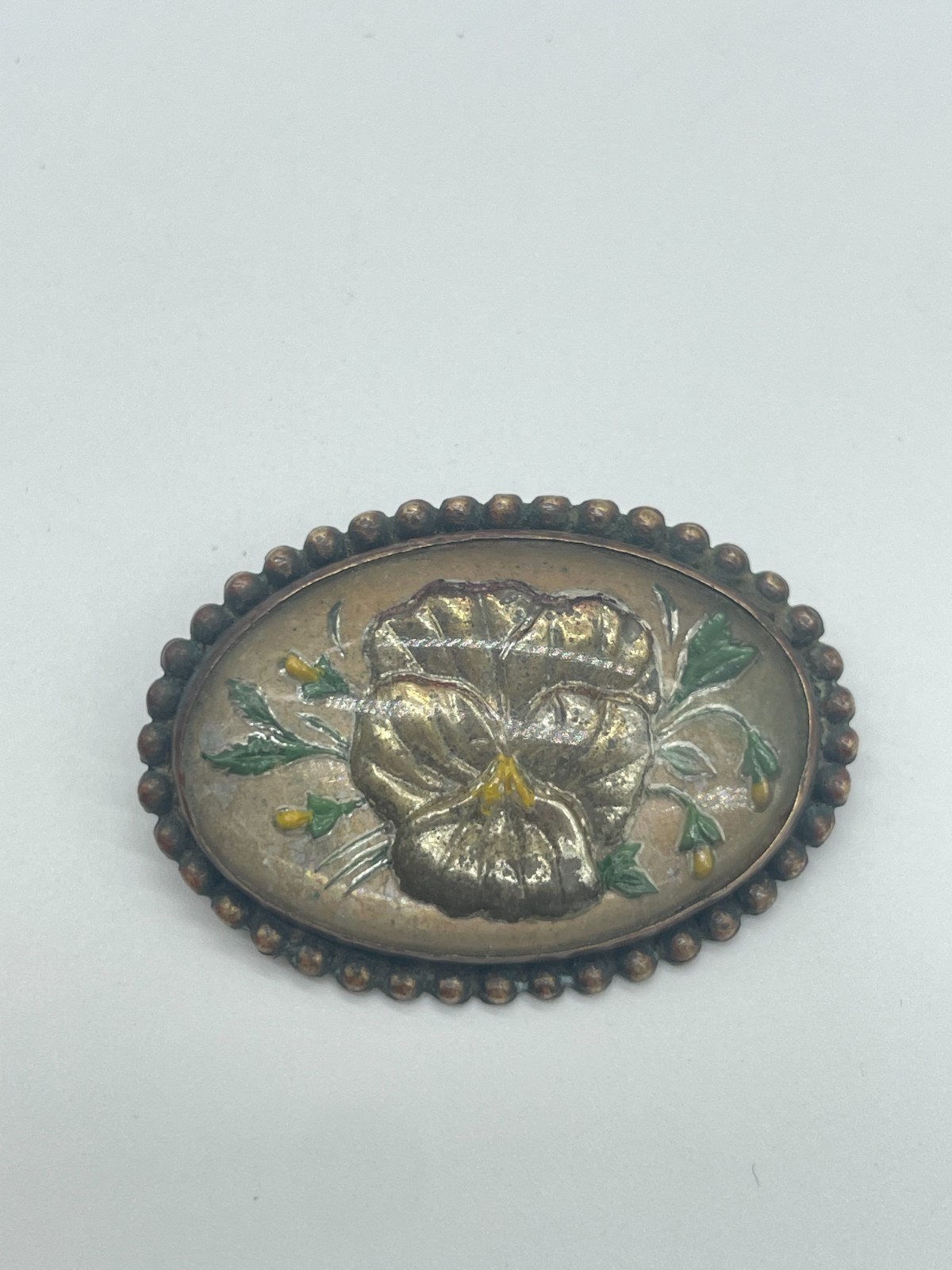 Antique Victorian Goofus Glass Iridescent Pansy flower Brass c-clasp brooch
