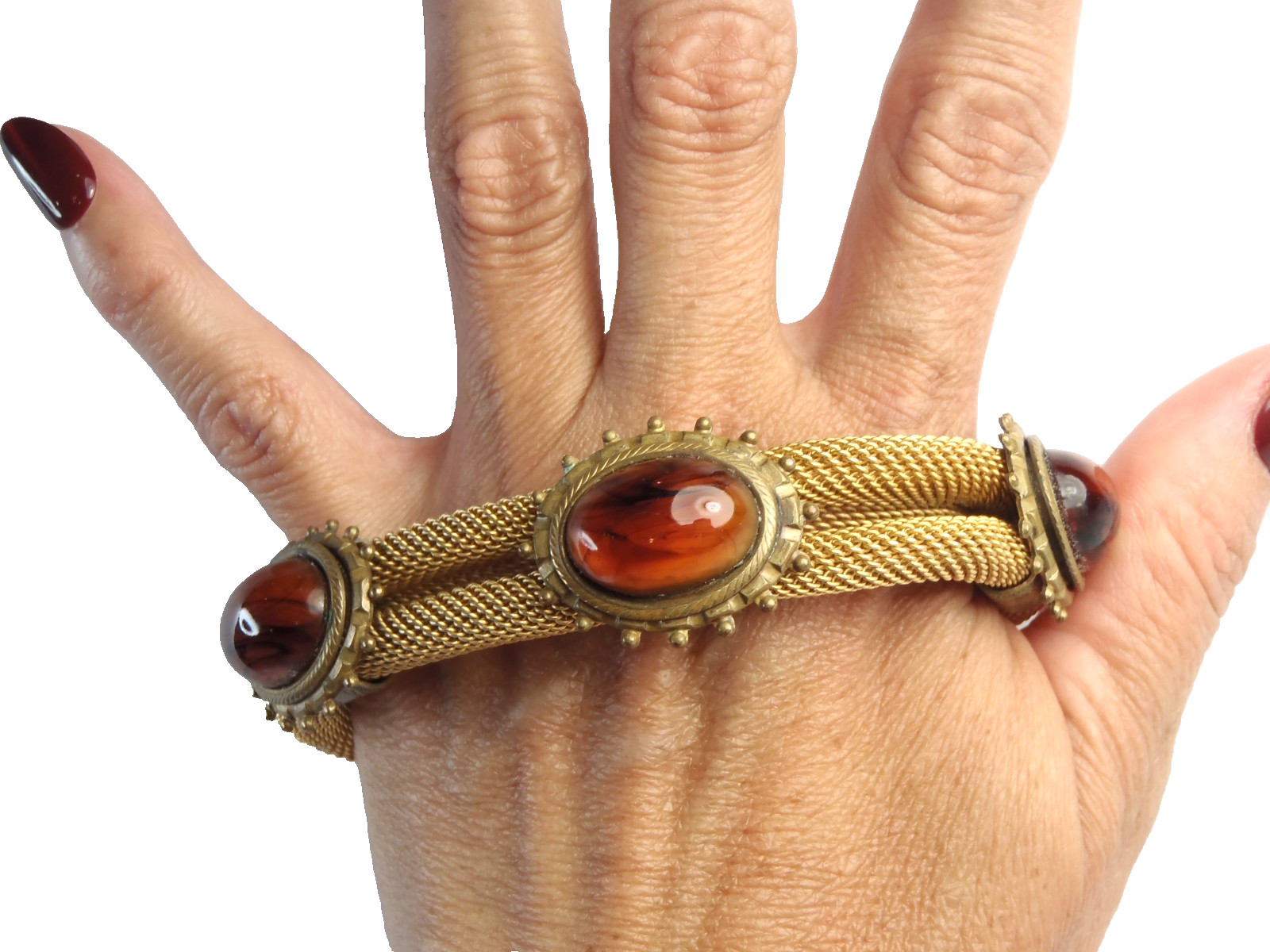 Estate Vintage Gold Toned Mesh Bangle Bracelet With 5 Stones 76 Grams 7 1/2″
