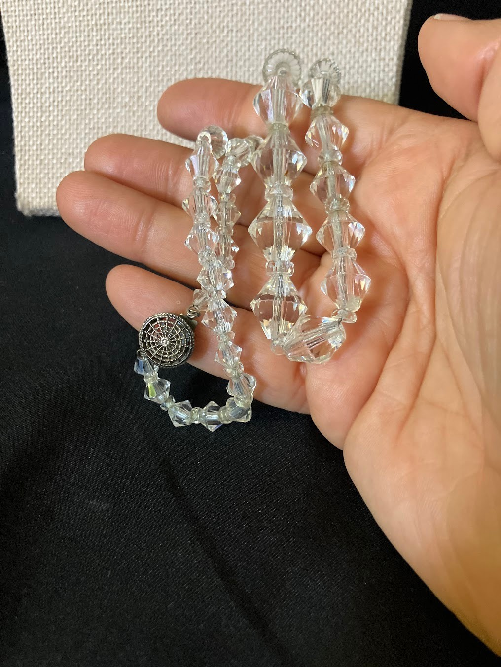 Vintage Art Deco Faceted Crystal Necklace Silver Chain Faceted Bi-cone Beads 16″