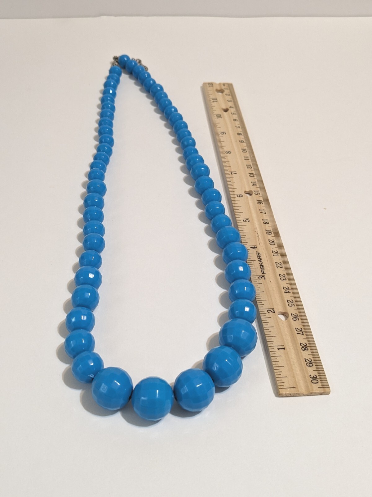 Blue Graduating Bead Faceted Acrylic Necklace. Retro Style. MCM Inspired. 28 In.