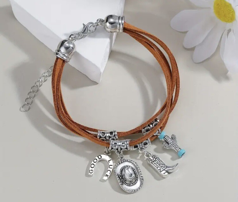 Western Cowboy Pendant Bracelet With Brown Suede Tassels