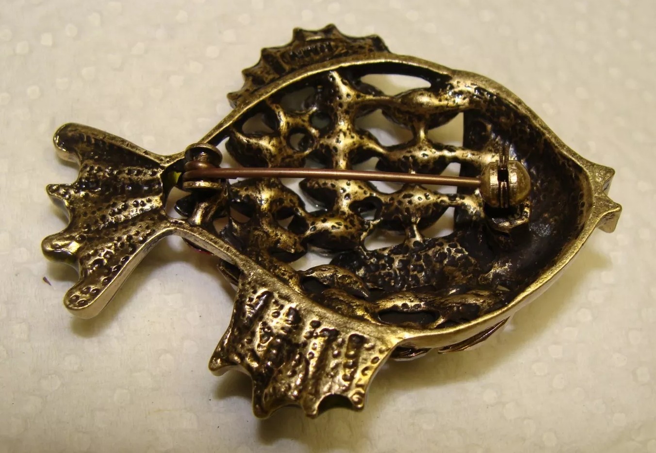 RMN Fish Pin Rhinestones Enamel Gold Plated Vintage
